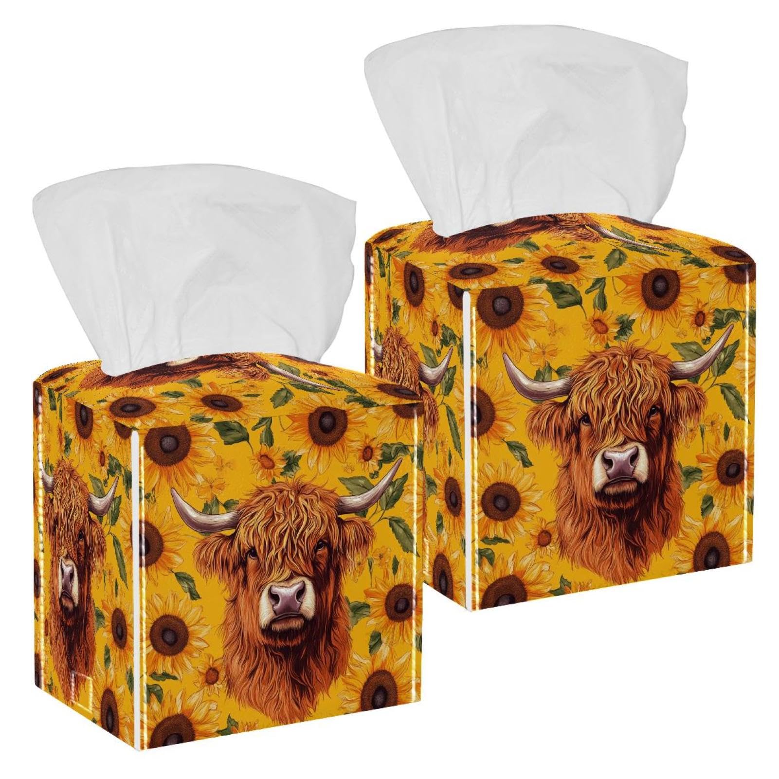 Sunflower Cow Tissue Box Cover, 2 Pack PU Leather Square Facial Tissue Dispenser Box holder for Home Office Car
