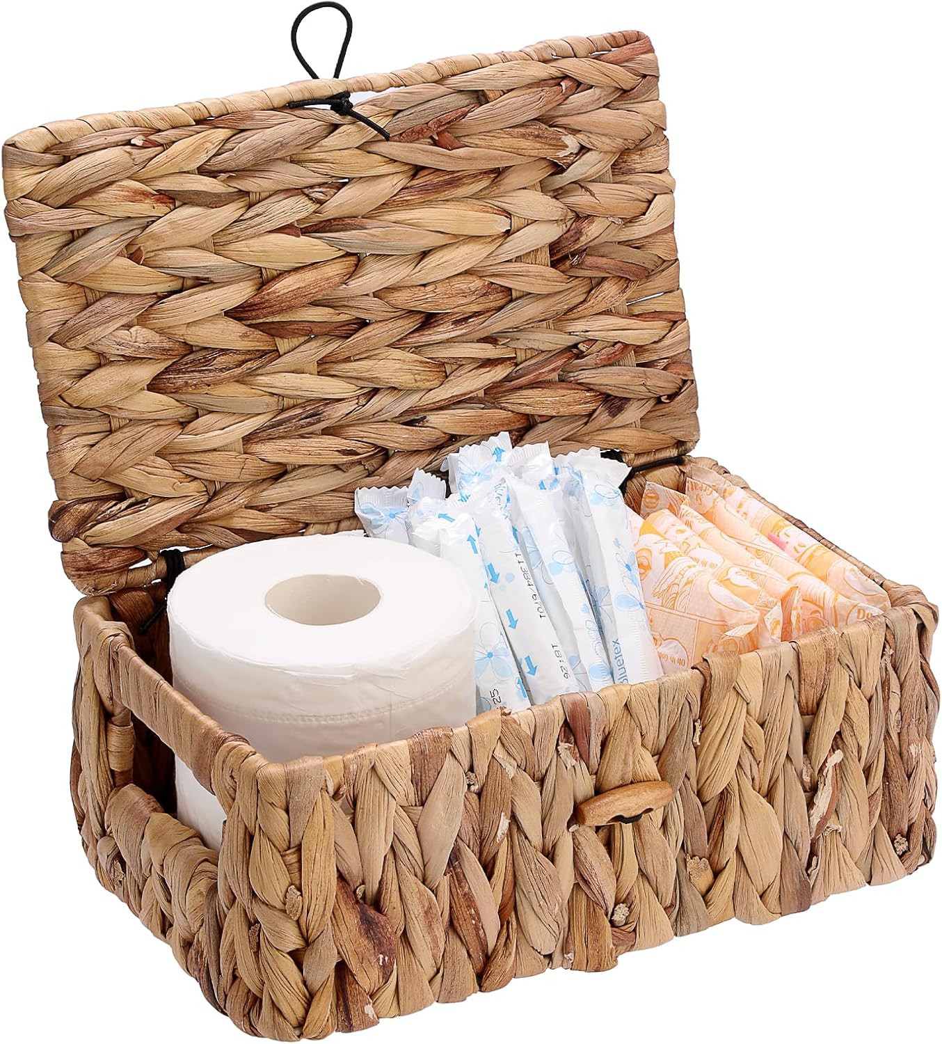 Sumnacon Storage Basket with Lid, Water Hyacinth Shelf Baskets for Organizing, Farmhouse Bathroom Woven Bins for Tampons and Pads, Toilet Paper, Towels,Decorative Organizer Box for Counter, Vanity (S) Small 10x6x4 inches