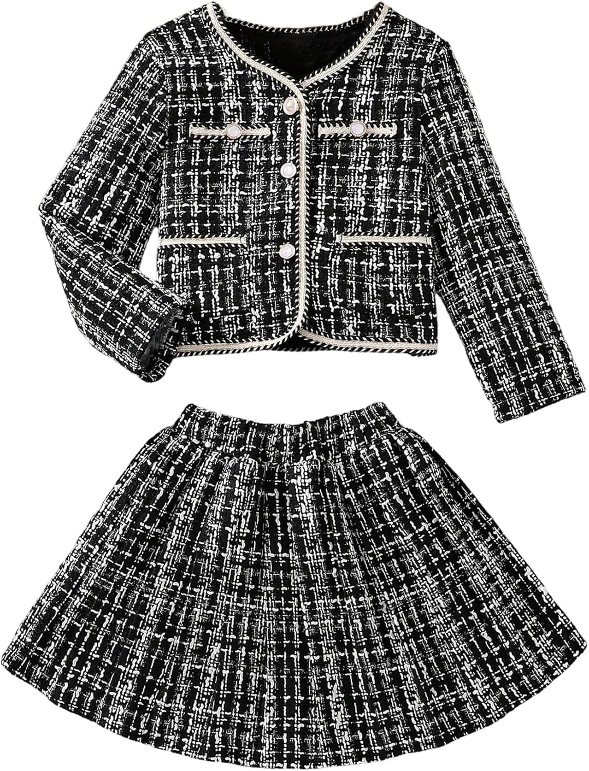 WDIRARA Girl's Tweed Plaid 2 Piece Outfit Long Sleeve Button Up Jacket A Line Skirt Set