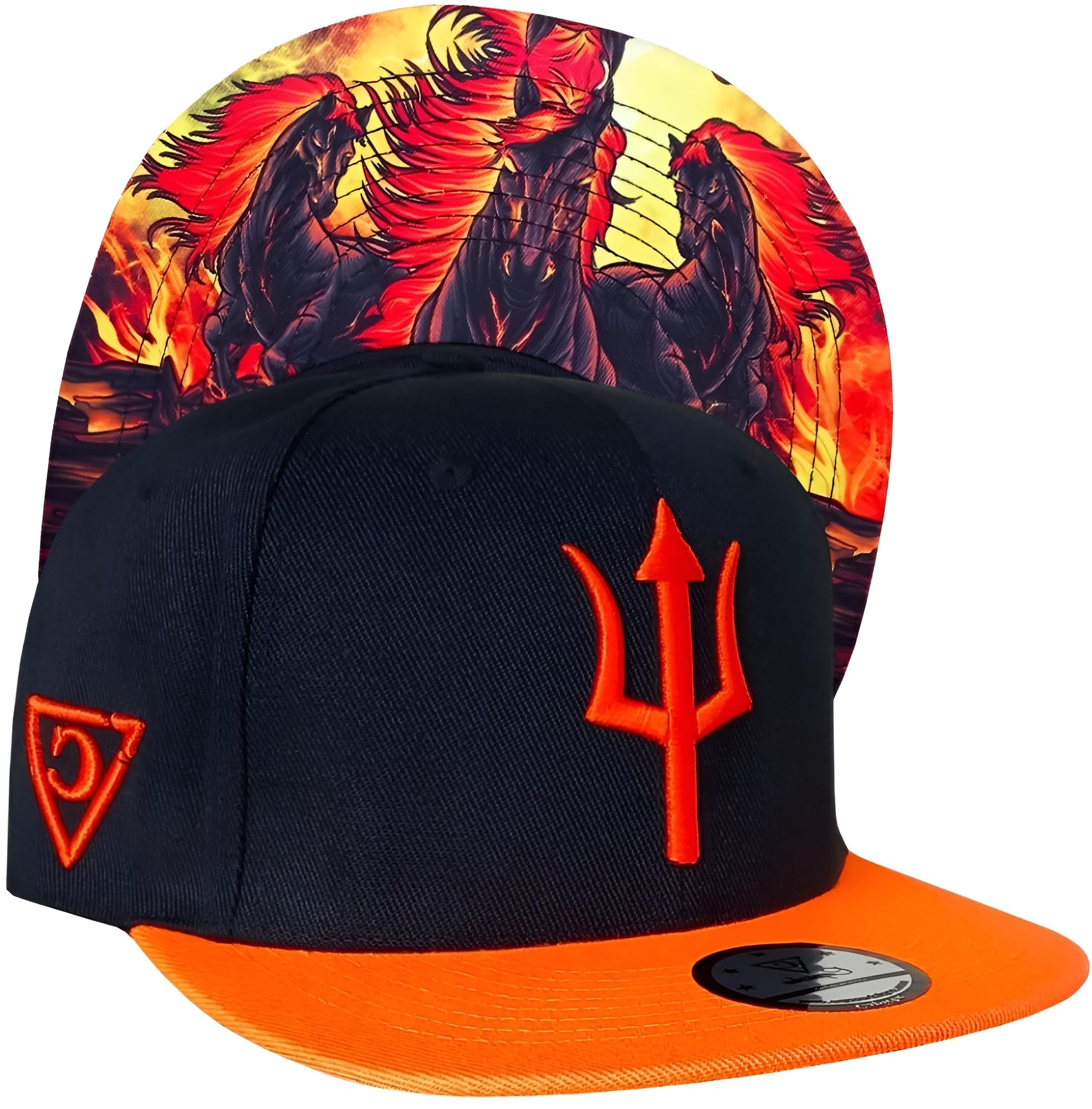 Capiche [99+ Variations] Aethon Snapback Cap - Black Hat with Bright Orange Brim, Embroidered Trident Logo, Fiery Horse Undervisor Art, Adjustable for Mythology and Bold Streetwear Fans