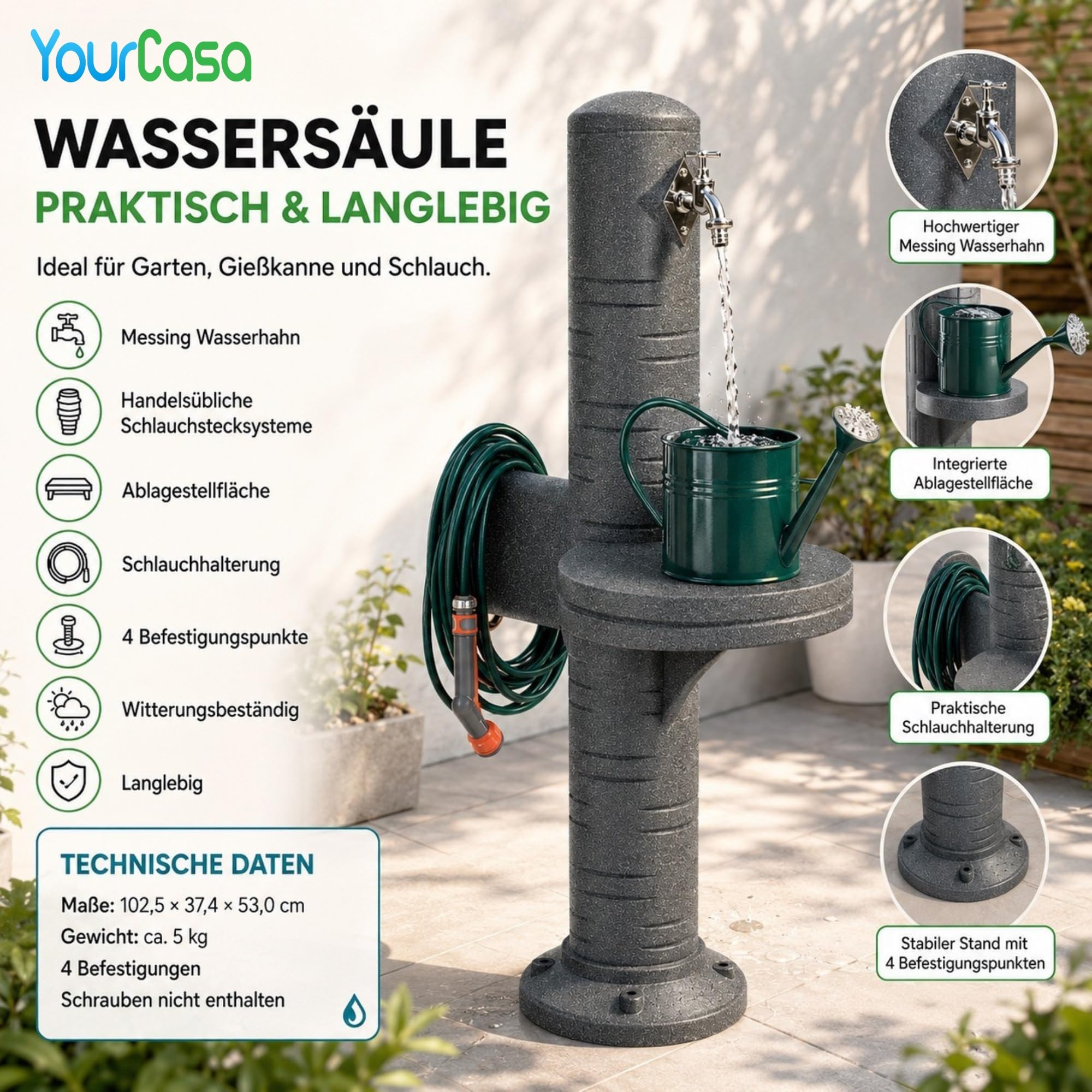 YourCasa AquaPost Wassersäule Garten mit Ablagestellfläche & Schlauchhalterung – Zapfsäule | Wasserzapfsäule | Zapfstelle Garten | 1/2" Wasserhahn Chrom | Made in Europe