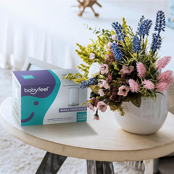 Experience the ultimate convenience and durability with Babyfeel Refills, a 4-pack of diaper pail refills specially crafted to fit DEKOR PLUS Diaper Pails. These refills boast an exclusive 30% extra thickness, providing a sturdy and long-lasting option for disposing of diapers. With each refill capable of holding up to 2320 diapers, you can trust that this solution will save you both time and money in the long run.