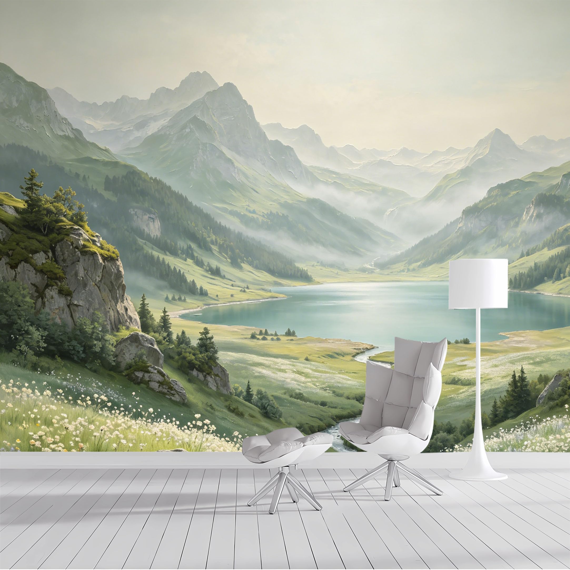 Custom Size Wall Mural Mountain Lake Meadow Landscape Pastoral Nature Scenery Oil Painting Style SelfAdhesive Wall Fabric Removable Peel and Stick Wallpaper for Living Room Bedroom