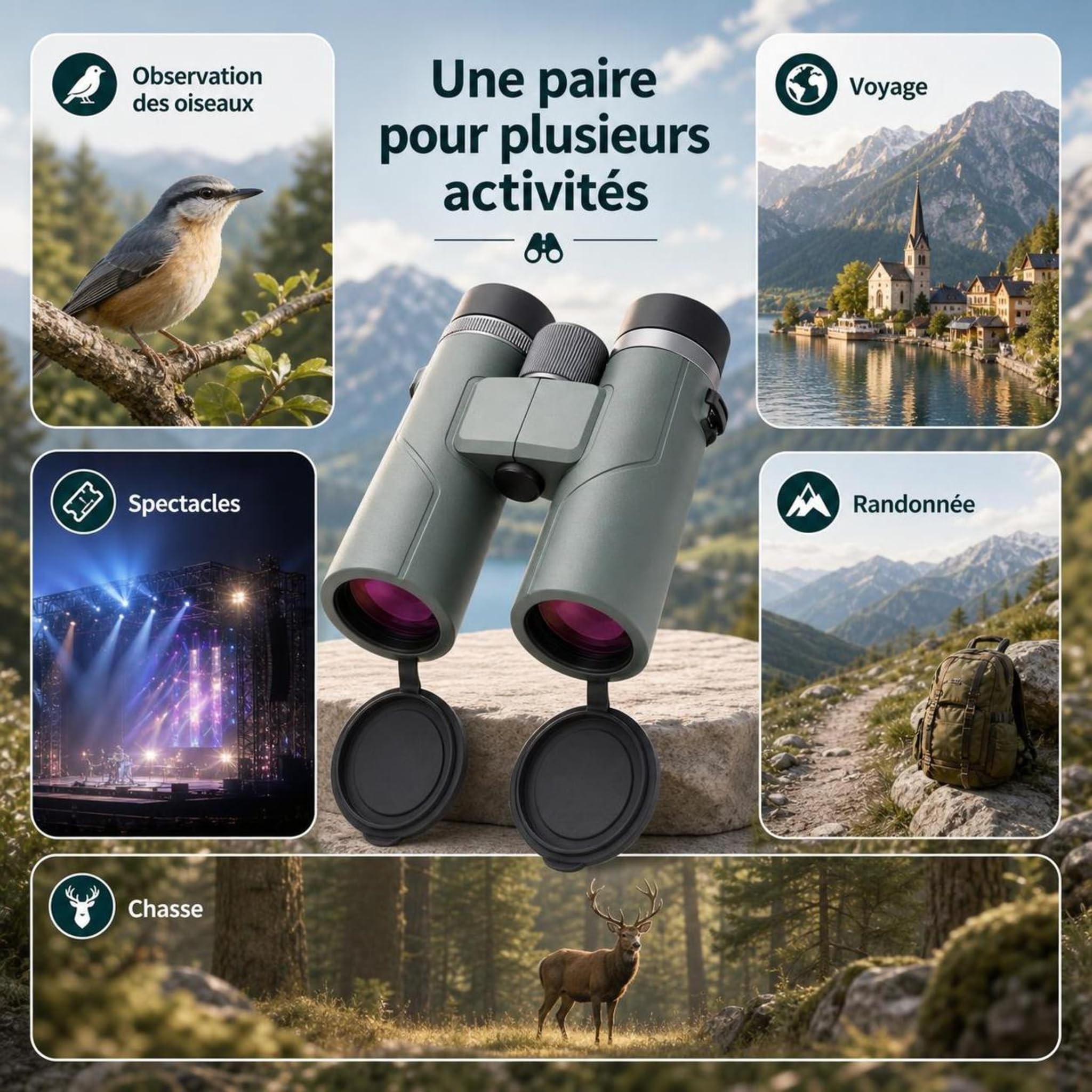 Kersens Original Jumelles Vertes Étanches, Optique HD et Format de Voyage pour Observation Longue Distance, Camping, Balades et Paysages (Vert)