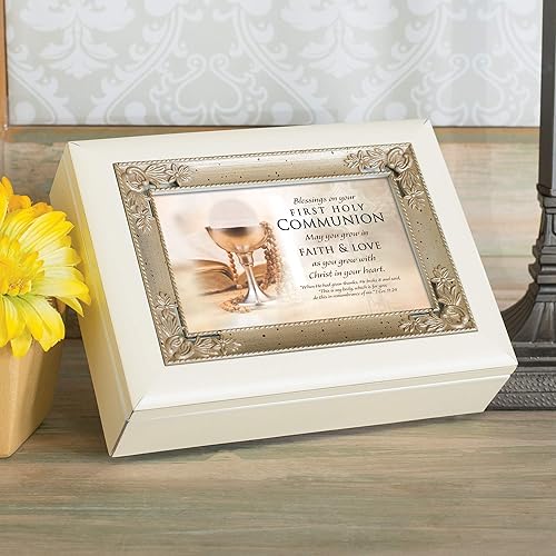 Miniatura 3 de Cottage Garden Primera Comunión Blessings Pearl Blanco y Plata Estilo Italiano Caja de Música Plays Ave Maria