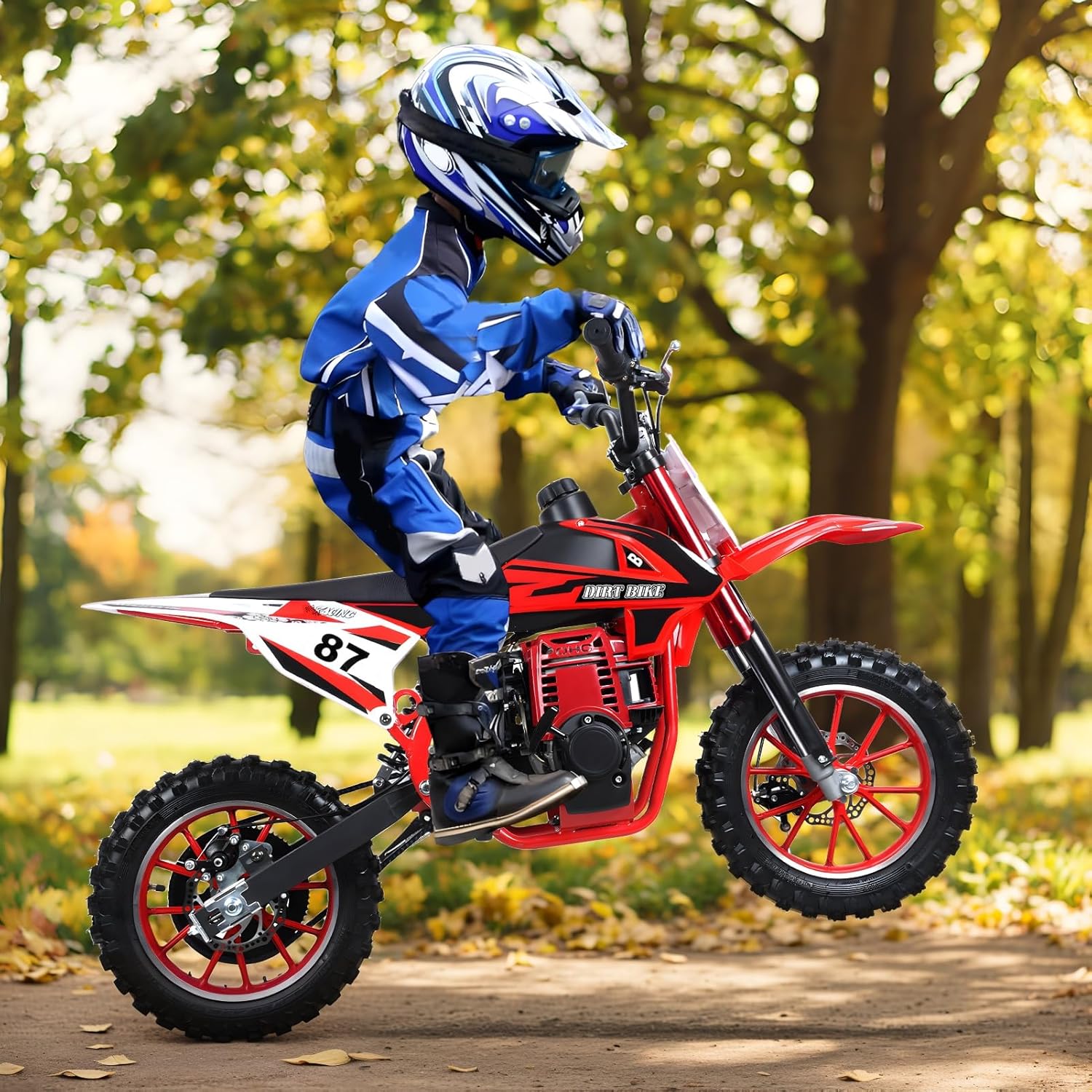 HEVIRGO 49cc 4-Stroke Kids Dirt Bike | Mini Motorcycle Off-Road Tires Gas-Powered Pocket Bike | Dual Disc Brakes & Safety Features for Beginners Cool Street Design Red