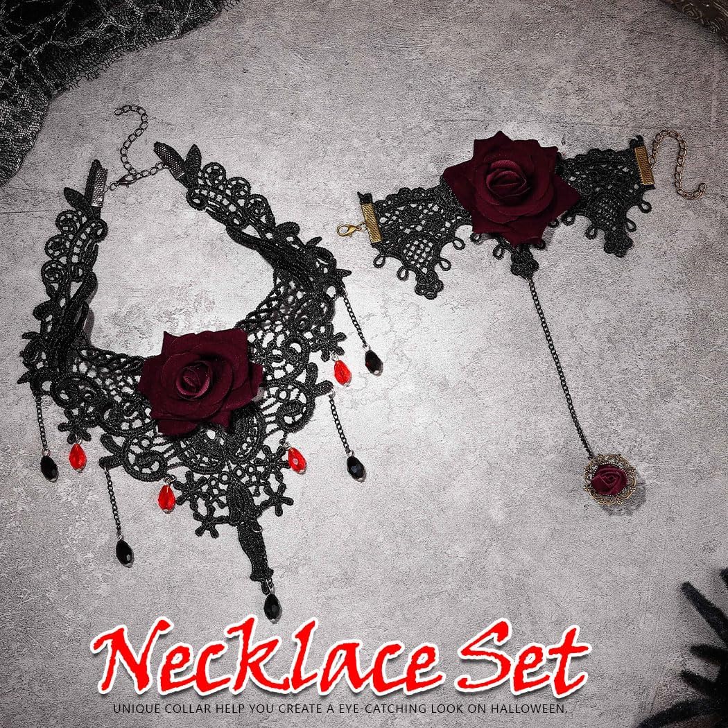 JAKAWIN Gothic Rose Necklace and Bracelet Black Rose Jewelry Set for Women Halloween - Image 2