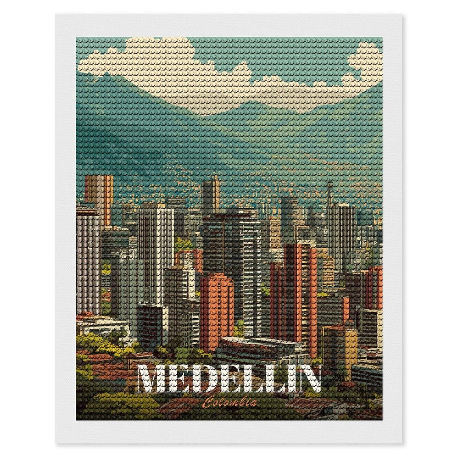 Junmoney Medellin, Colombia Cityscape DIY Diamond Art Canvas Kit 16"x20", Simple to Start, Fun Craft Experience, Modern Decor, Gift Idea, Adhesive Canvas
