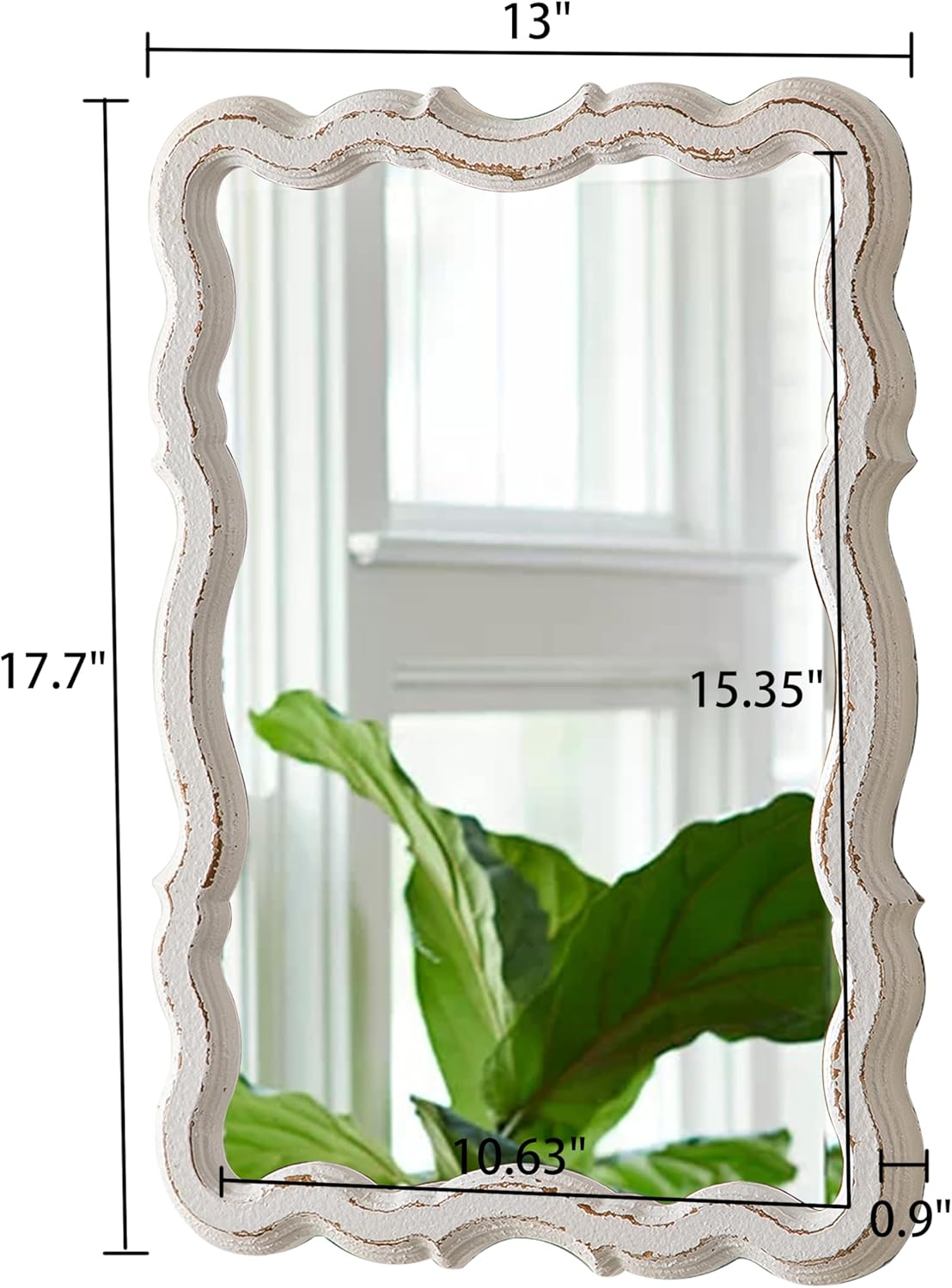 Farmhouse Wavy Wall Mirror 13 X 18 Inches, Hanging Distressed White Rectangle Bathroom Mirror, Wood Frame Scalloped Mirror, Rustic Wall-Mounted Entryway Mirrors, Horizontal or Vertical