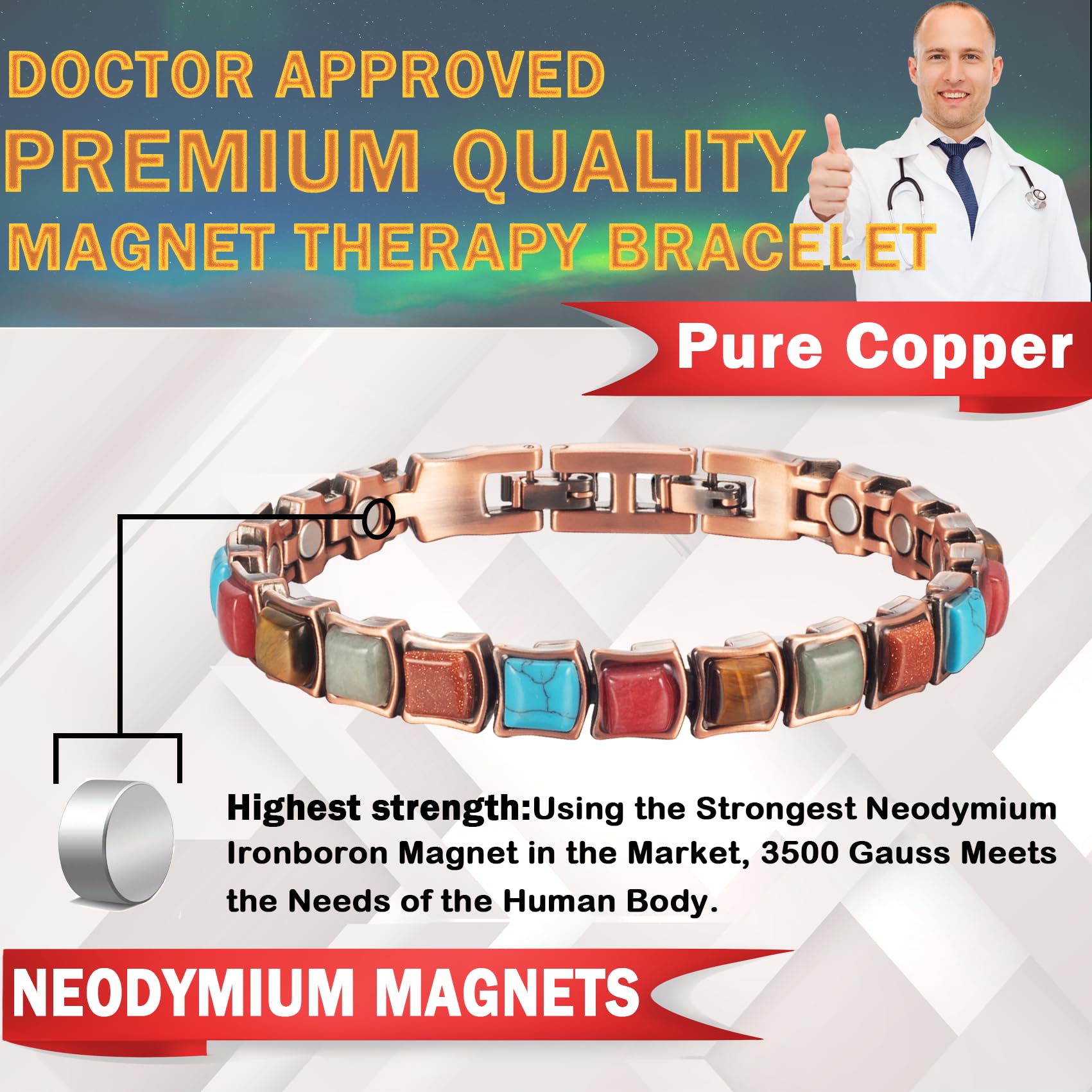 YINOX Magnetfeldtherapie-Kupferarmband für Frauen, türkisfarbenes buntes Armband, reines Kupfer-Magnetarmband
