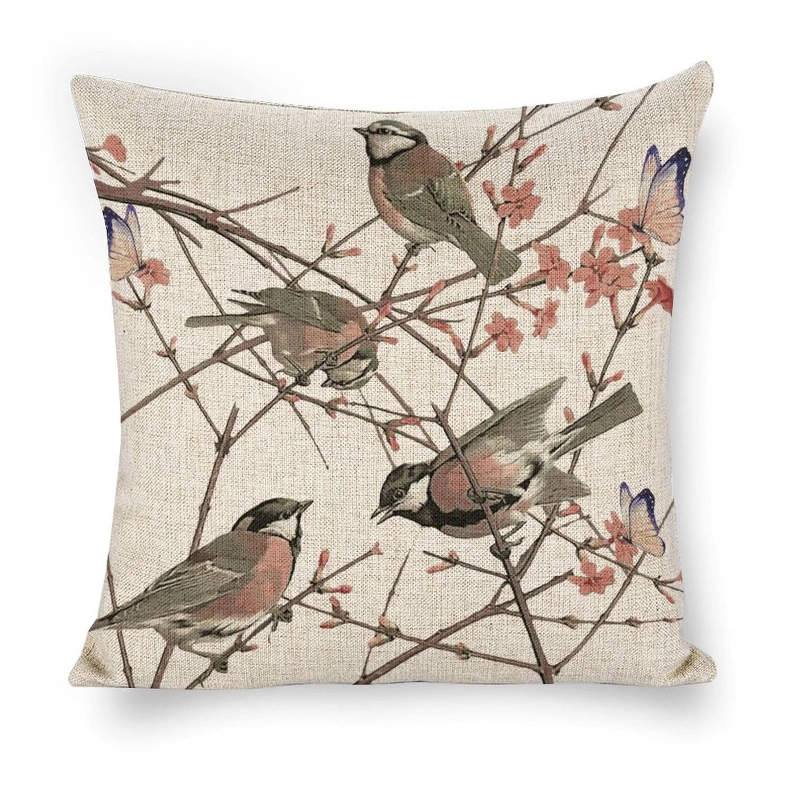 Icotoibabie Linen Throw Pillow Covers 18x18 Flower Watercolor Bird Pillowcase Double Sided with Zipper Decorative Pillows for Couch Cushion Sofa Outdoor