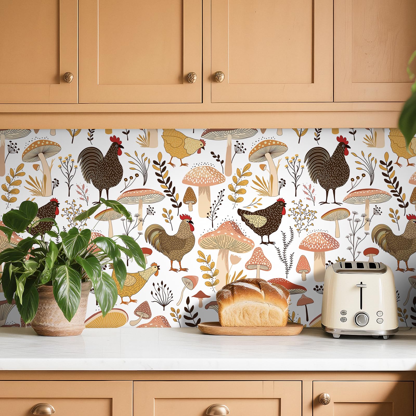FunStick 44.5CMx9M Papel Pintado Pared Blanco Botanico Setas Vinilos Autoadhesivos para Pared Cocina Salón Vinilo Adhesivo Blanco Beige Papel Adhesivo para Muebles Armario Animales Pollo de Granja