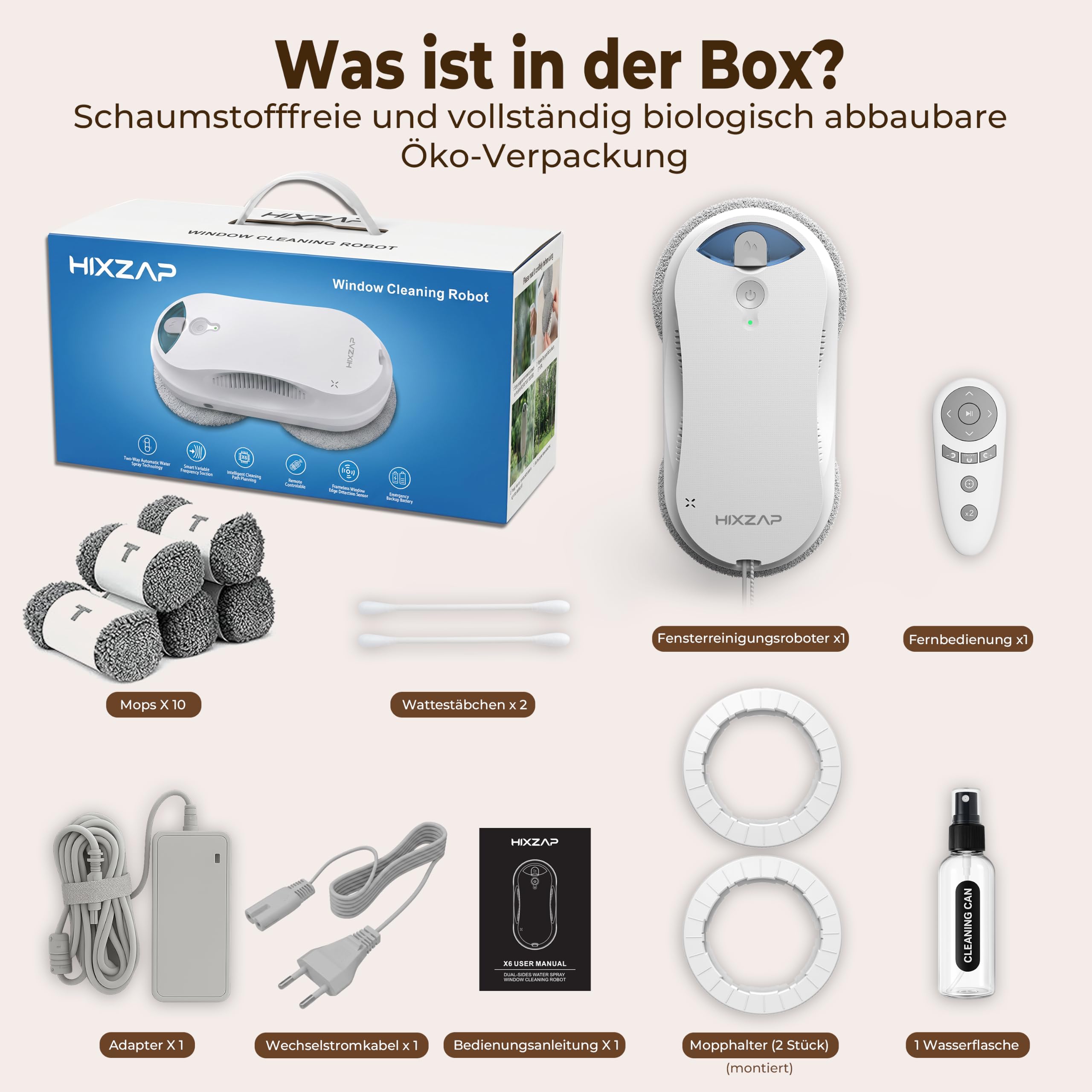 X6 Fensterputzroboter für hohe Fenster, Innen & Außen, Starke Saugkraft | 6400Pa Saugkraft, Doppelsprühfunktion, Randerkennung, intelligente Navigation, flache runde Bauform