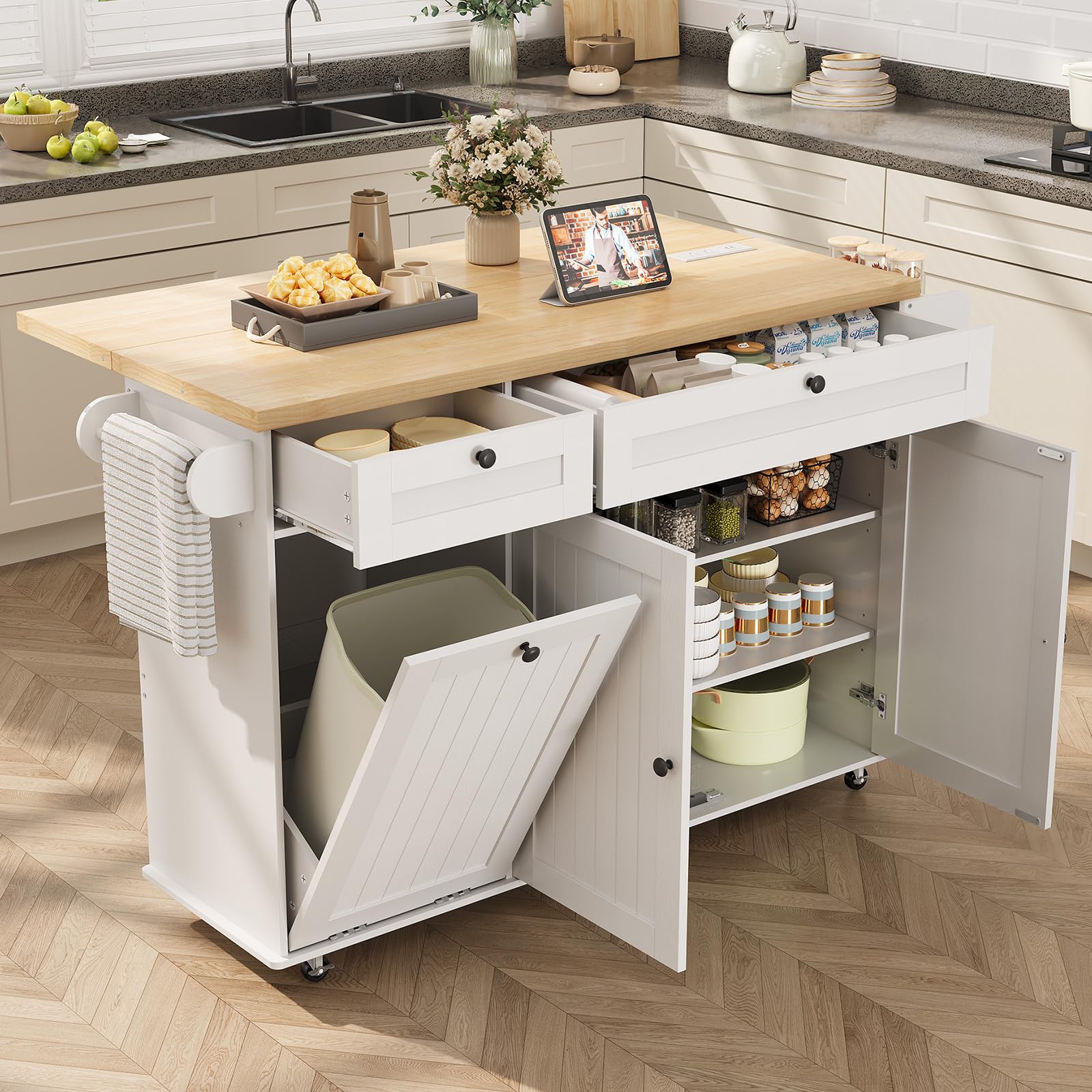 ComfyCorner 60" Rolling Large Kitchen Island on Wheels with Extendable Table, Drop Leaf & Power Outlet, Mobile Kitchen Cart with Storage Cabinet, 2