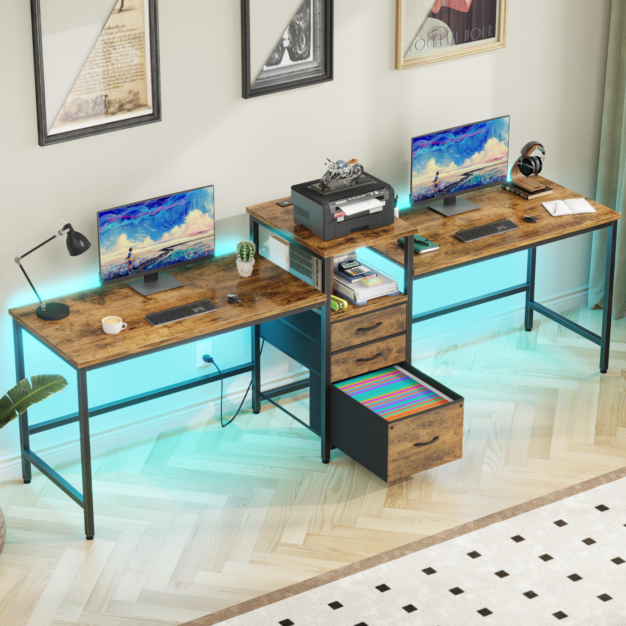 Amazon | GYIIYUO 93インチ 2人用デスク 充電ステーション付き