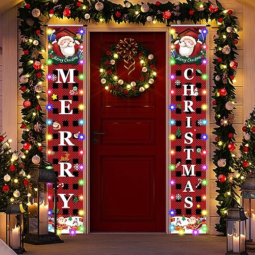 Decoraciones de Navidad para exteriores, letrero reversible para porche con cadena de luces, carteles colgantes de Feliz Navidad para puerta disponible en Yaxa Peru