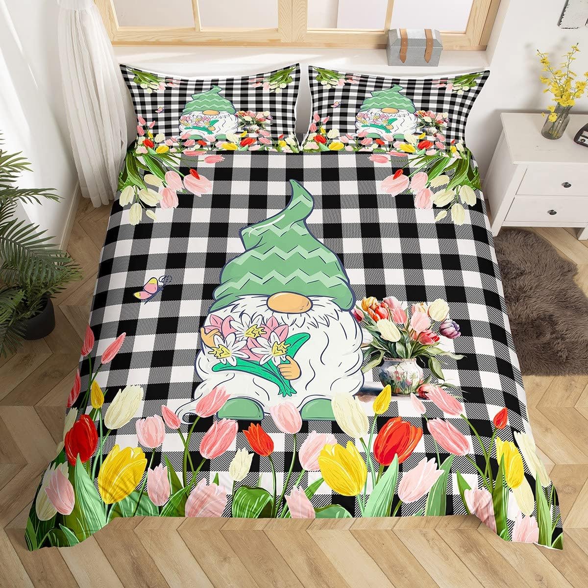 Colourful Flowers Duvet Cover Set, S Size, Cute Spring Gnomes Bedding