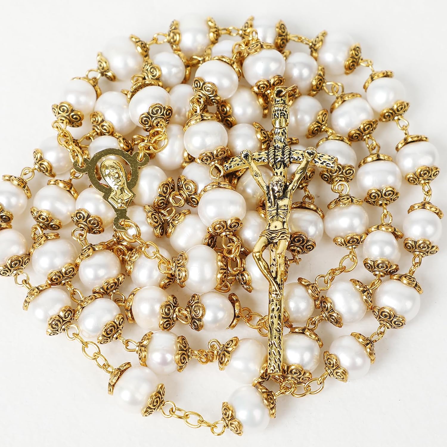 Rosary Beads Catholic for Woman 8-9mm AAA+ Freshwater White Natural Real Pearl Rosary Beads.