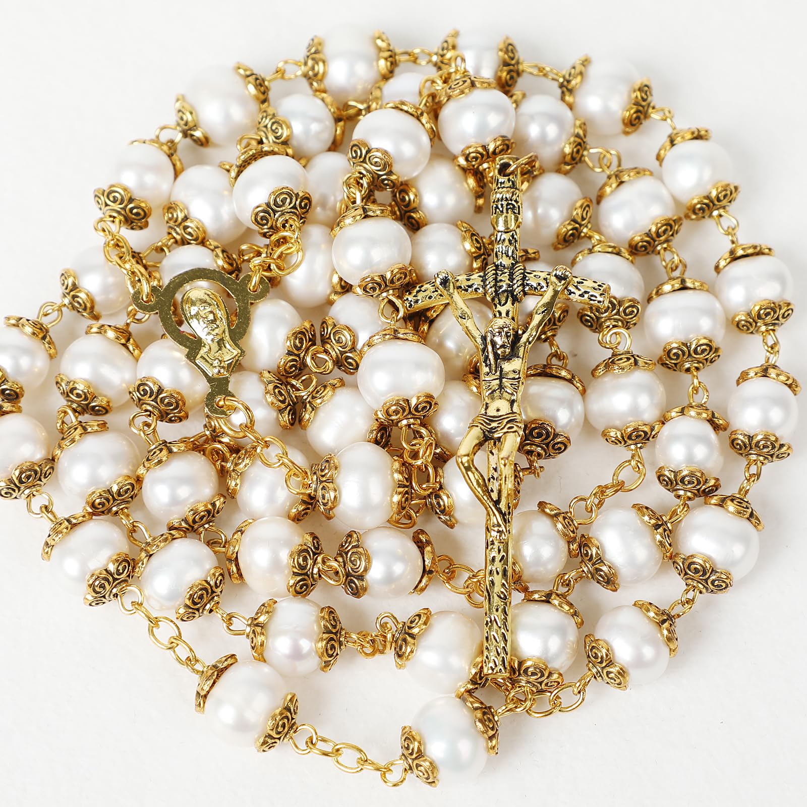 Jirehjill Rosary Beads Catholic for Woman 8-9mm AAA+ Freshwater White Natural Real Pearl Rosary Beads.