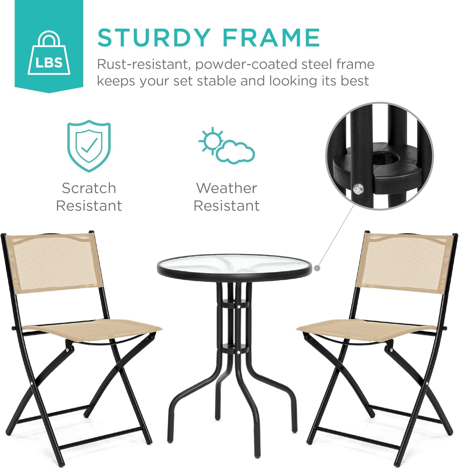 Best Choice Products 3-Piece Patio Bistro Dining Furniture Set w/Textured Glass Table Top, 2 Folding Chairs, Steel Frame, Polyester Fabric - Beige : Everything Else