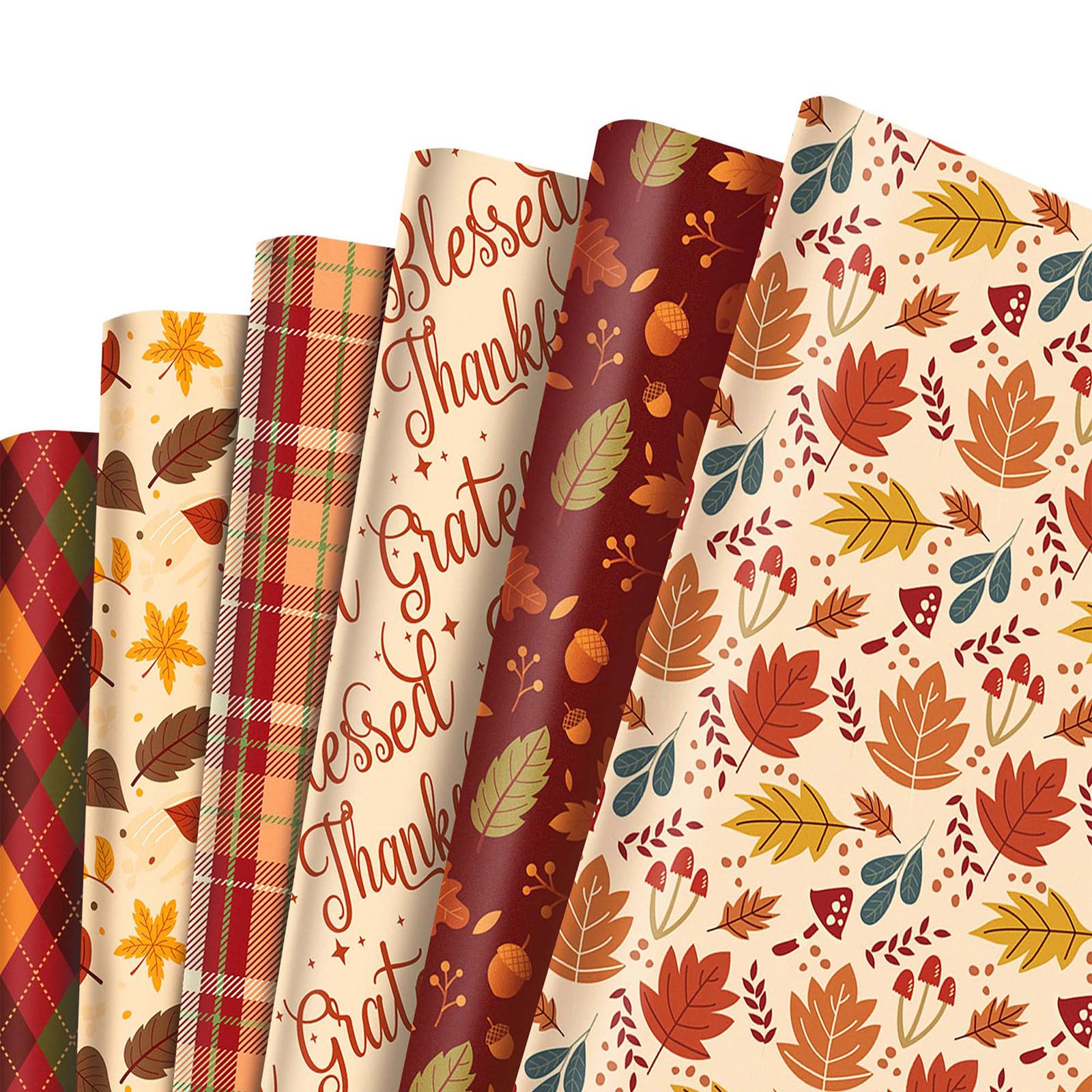 12 Pcs Thanksgiving Wrapping Paper Sheets,69x50cm Acorn Mushroom Maple Leaf Plaid Autumn Gift Wrapping Paper,Recyclable Fall Wrapper for Party,Birthday,Festive,Thanksgiving Gift Boxes Decorations โ image 1