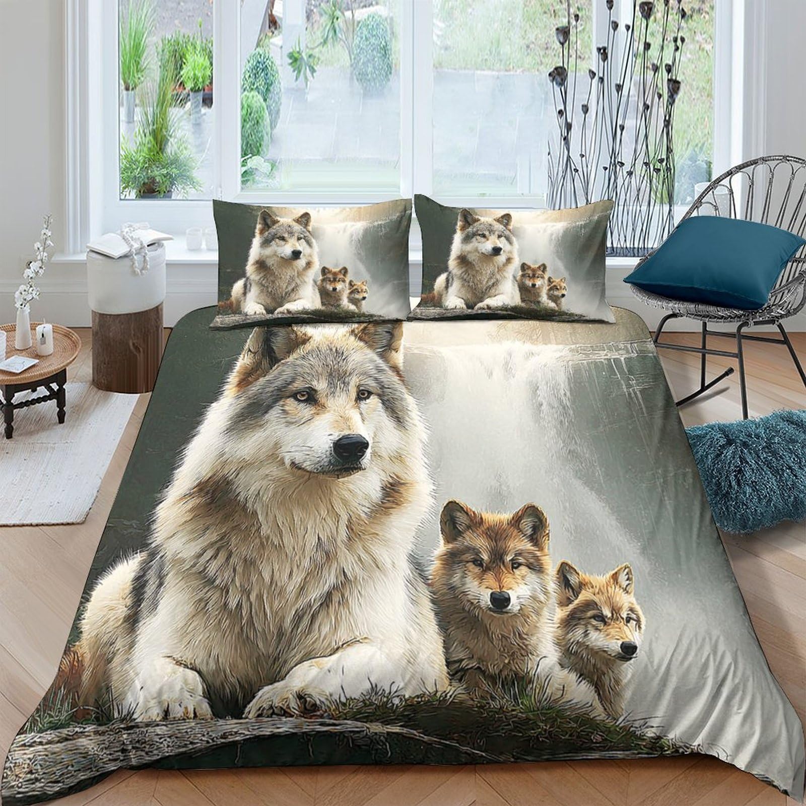 TUFRTGYHN 3D Printed Wolf Family Duvet Cover Microfiber Soft Breathable Forest Animal Bedding Set with 2 Pillowcases for Bedroom Decor Single（135x200cm）