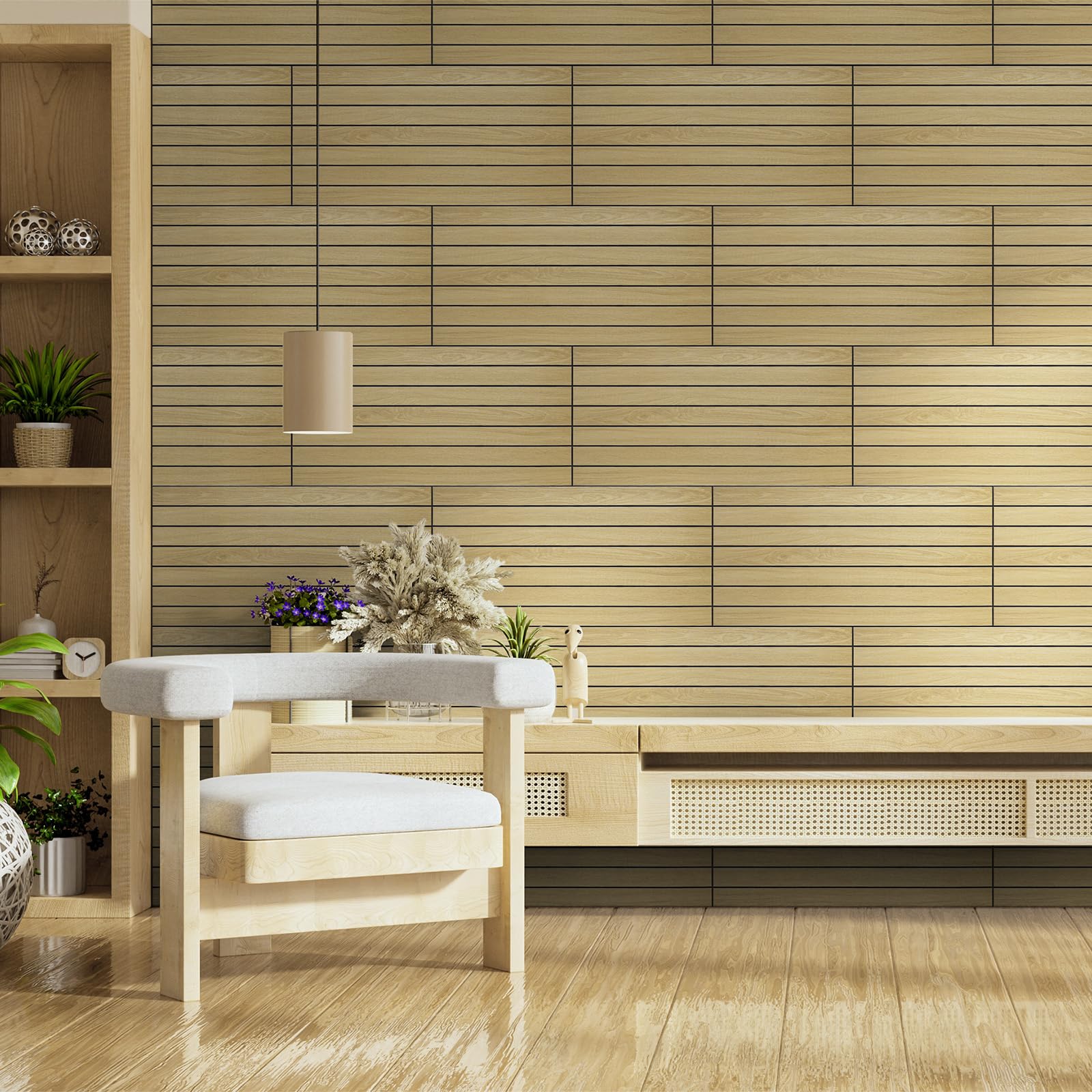 WADILE Panneaux Muraux à Lattes Bois Autocollants 30×60 cm – Panneaux Muraux Décoratifs en PVC Insonorisants pour Salon et Chambre – Lot de 20