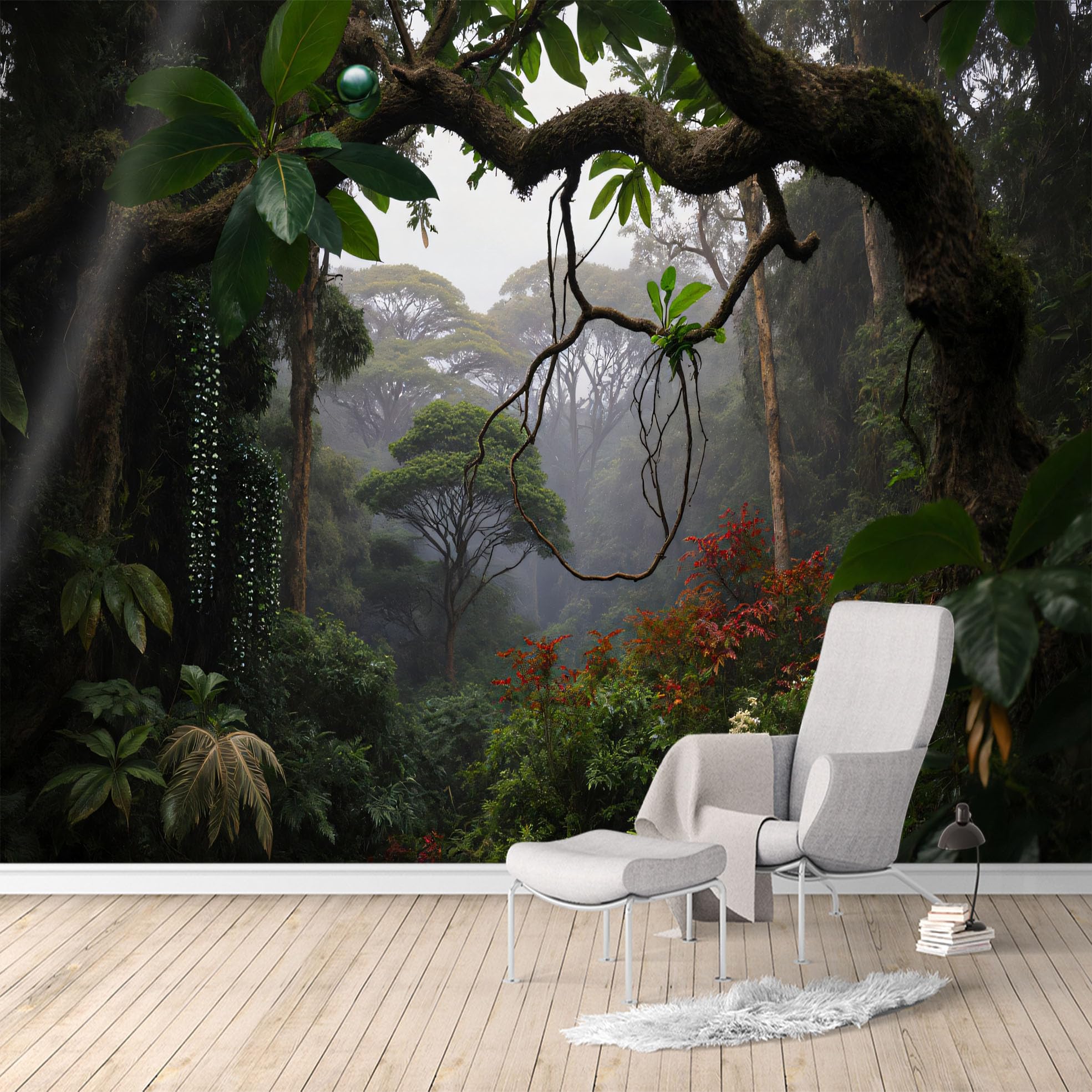 Custom Size Wall Mural,Misty Tropical Rainforest Exotic Trees Green Foliage,Removable Self Adhesive Large Wallpaper Mural for Living Room Bedroom Office Home Decor