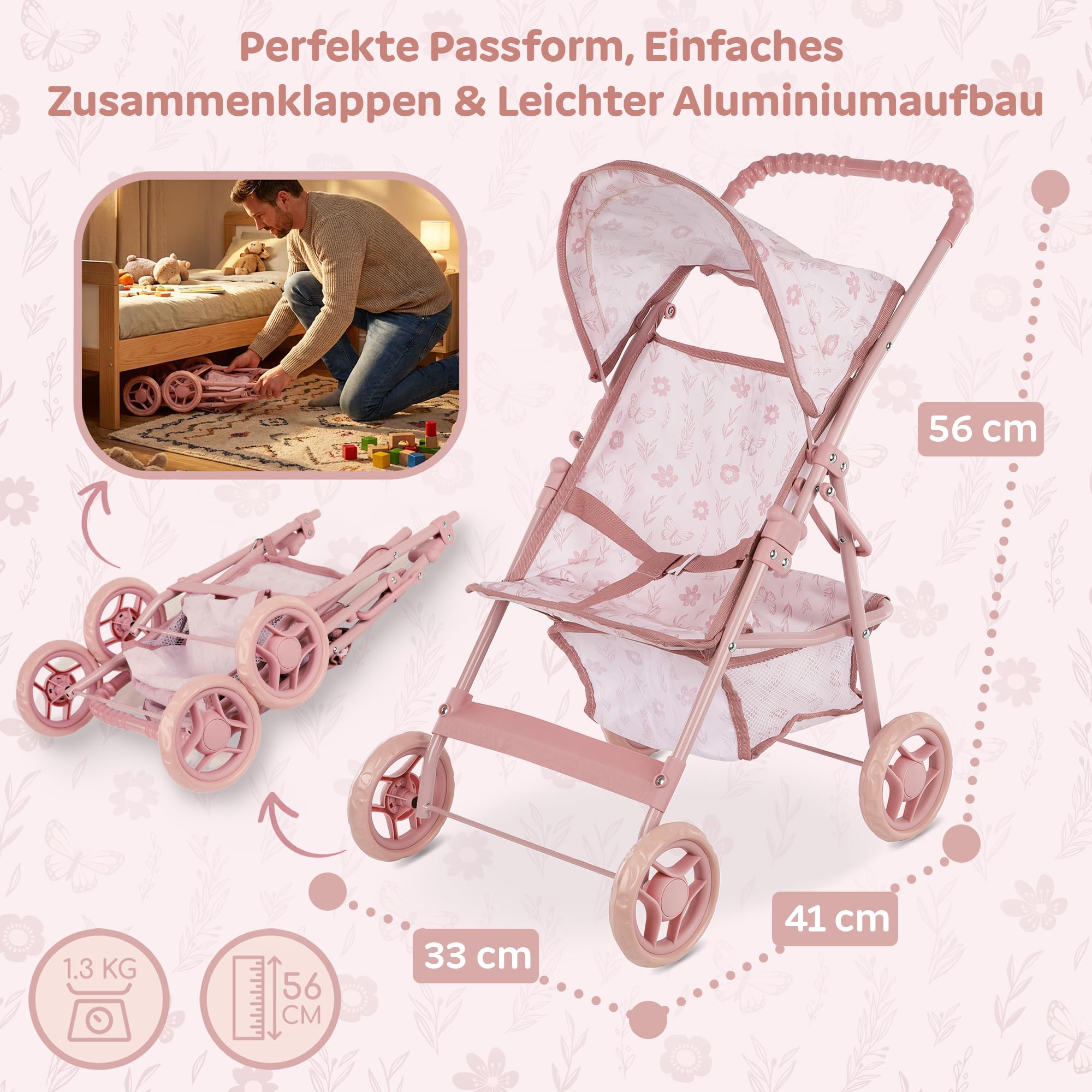 Kinderplay Puppenbuggy ab 2 Jahren – Leichter Faltbarer Puppenwagen mit Verdeck & Einkaufskorb, Stabiler Rahmen, Klappbarer Puppenkinderwagen KP0280A
