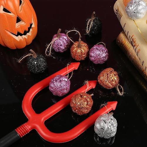 Miniatura 6 de 12 adornos de calabaza de Halloween, decoraciones de calabaza con purpurina, mini adornos de calabaza artificiales colgantes para Halloween, fiesta