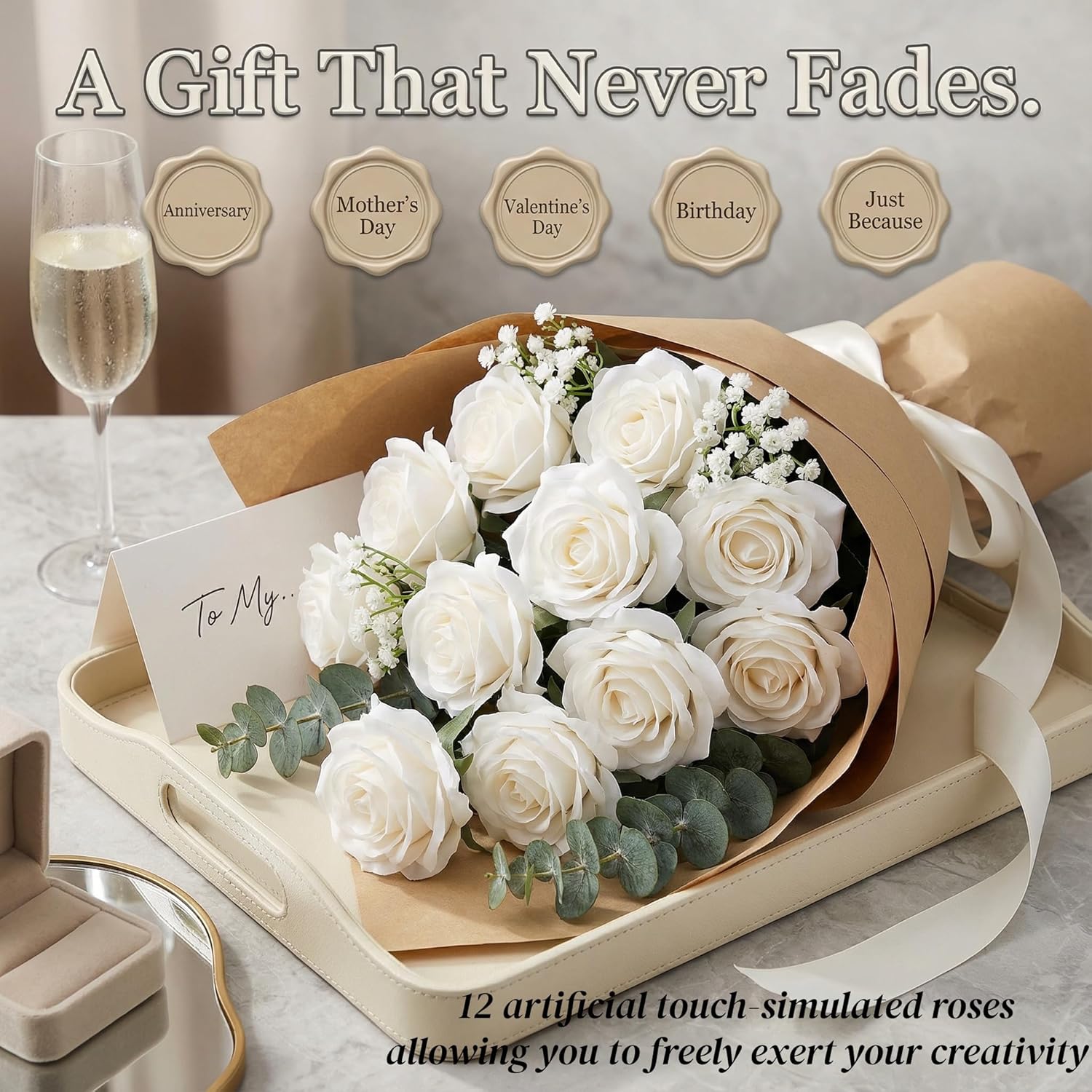 LINFEI Artificial Rose, 12PSC, Touch Artificial Flower Bouquet, Suitable for Various Parties, Weddings DIY and Home Decoration Bouquets, White