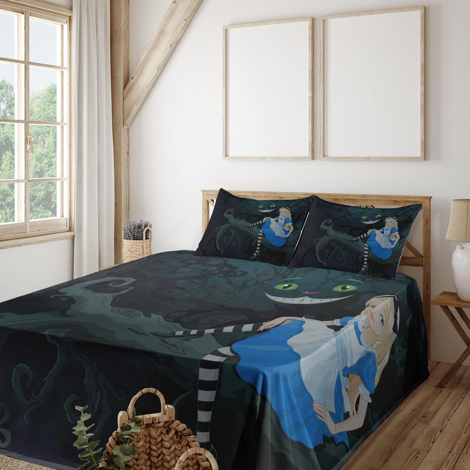 Ambesonne Alice in Wonderland Sheet Set, Alice Sitting on Branch and Chescire Cat in Darkness Cartoon Style, Fitted and Flat Sheet with Pillowcases Bedding Accent 4 Piece Set, Full, Blue Multicolor