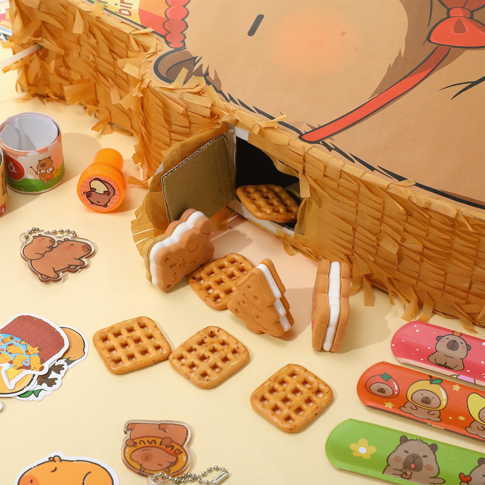 Pinata Geburtstag mit Stab & Maske, Capybara Pinata Set mit 96 Capybara Füllungen, Partypinata zum Aufhängen Befüllen, Piñata als Party Deko in 43x31x7 cm