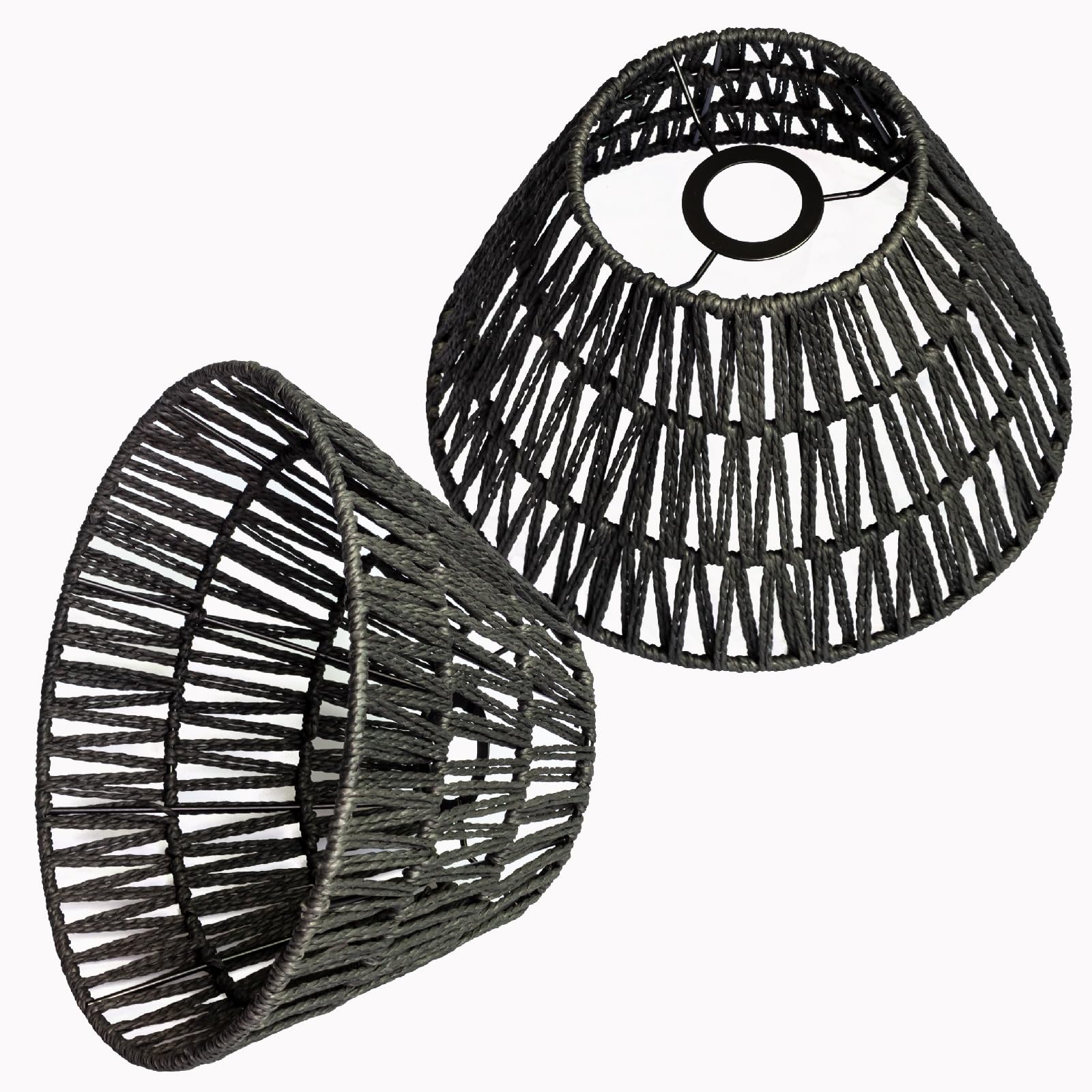 Paralume in stile bohémien, in rattan, lampadario da parete, in vimini, paralume da tavolo/scrivania (nero, 2 pezzi, diametro 30 cm x altezza 17 cm)