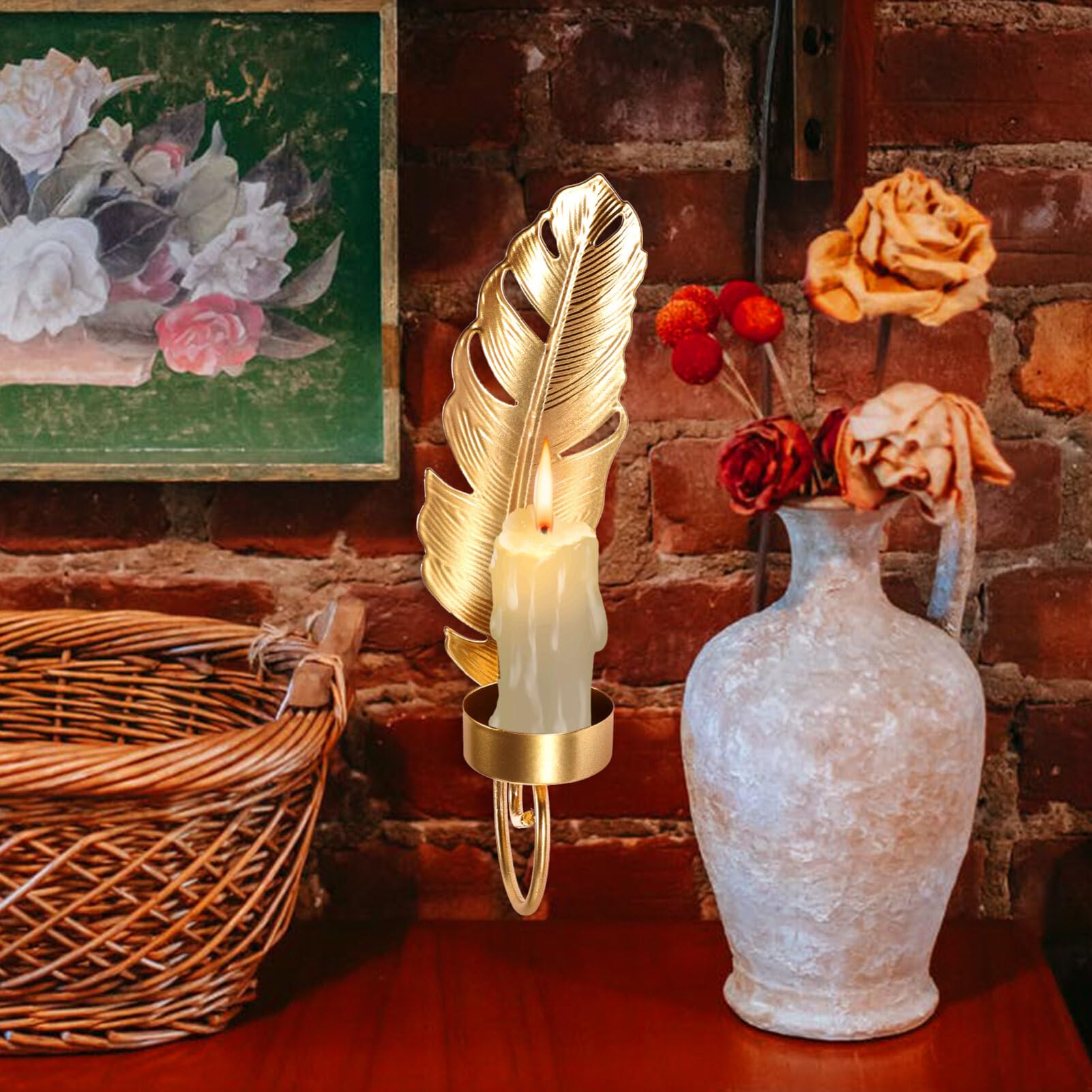 VOSAREA Iron Leaf Candle Holder Wall Sconce Candle Stand Vintage Metal Hanging Sconce Candlesticks Decorative Tealight Centerpieces for Home Living Room Bedroom Supplies