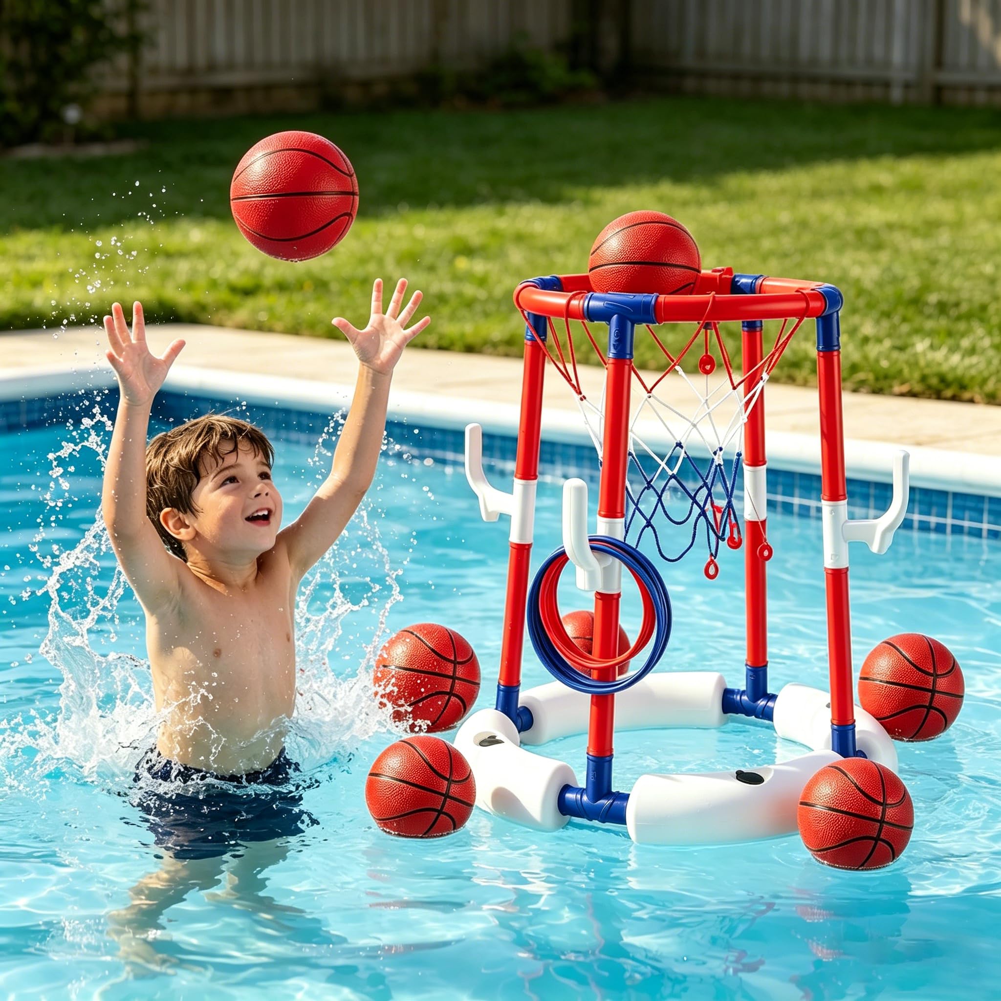 2-in-1 Pool Basketballkorb mit Ringwurfspiel, Schwimmbad Spielzeug für Kinder und Erwachsene, Wassersport Spielzeug, Rot