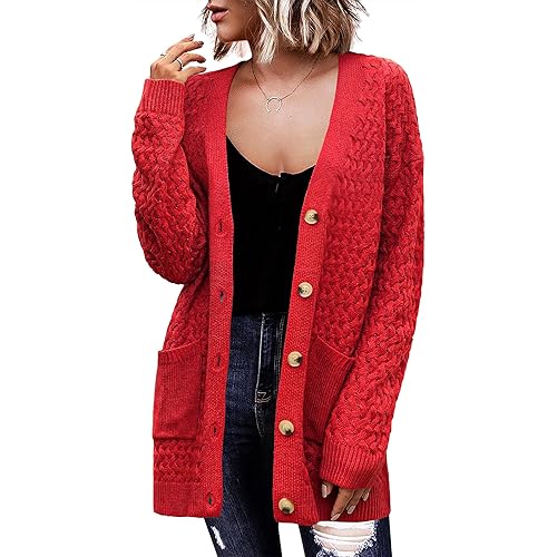 Zeagoo Womens 2025 Long Sleeve Chunky Cable Knit Fall Cardigans Sweaters Button Down Open Front Outerwear with Pockets