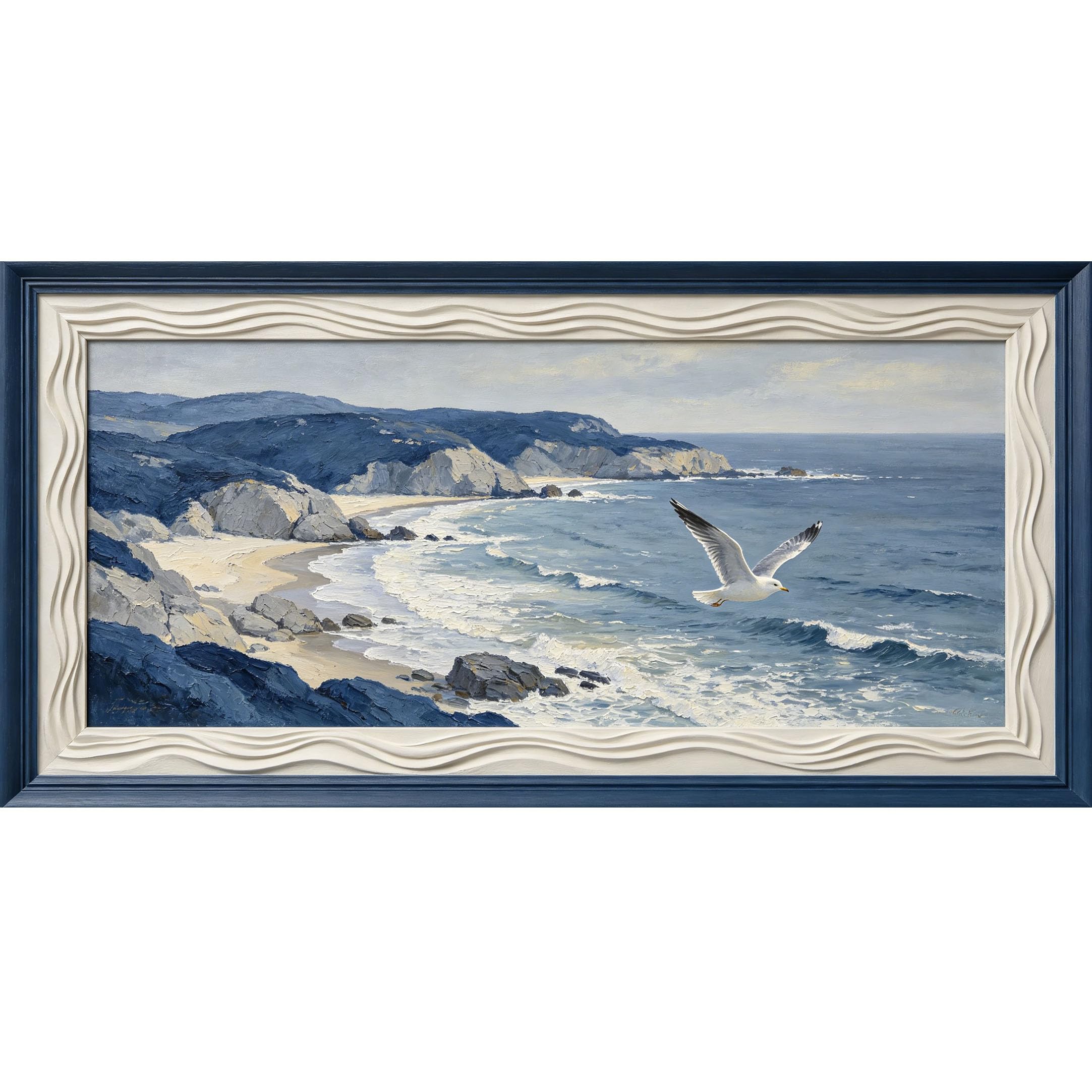 Agglomerix 3D Framed Wall Art Coastal Landscape Oil Painting Seagull Ocean Cliff Beach Textured Large Size SelfAdhesive Removable Wall Decor Prints Artwork for Living Room Bedroom Office