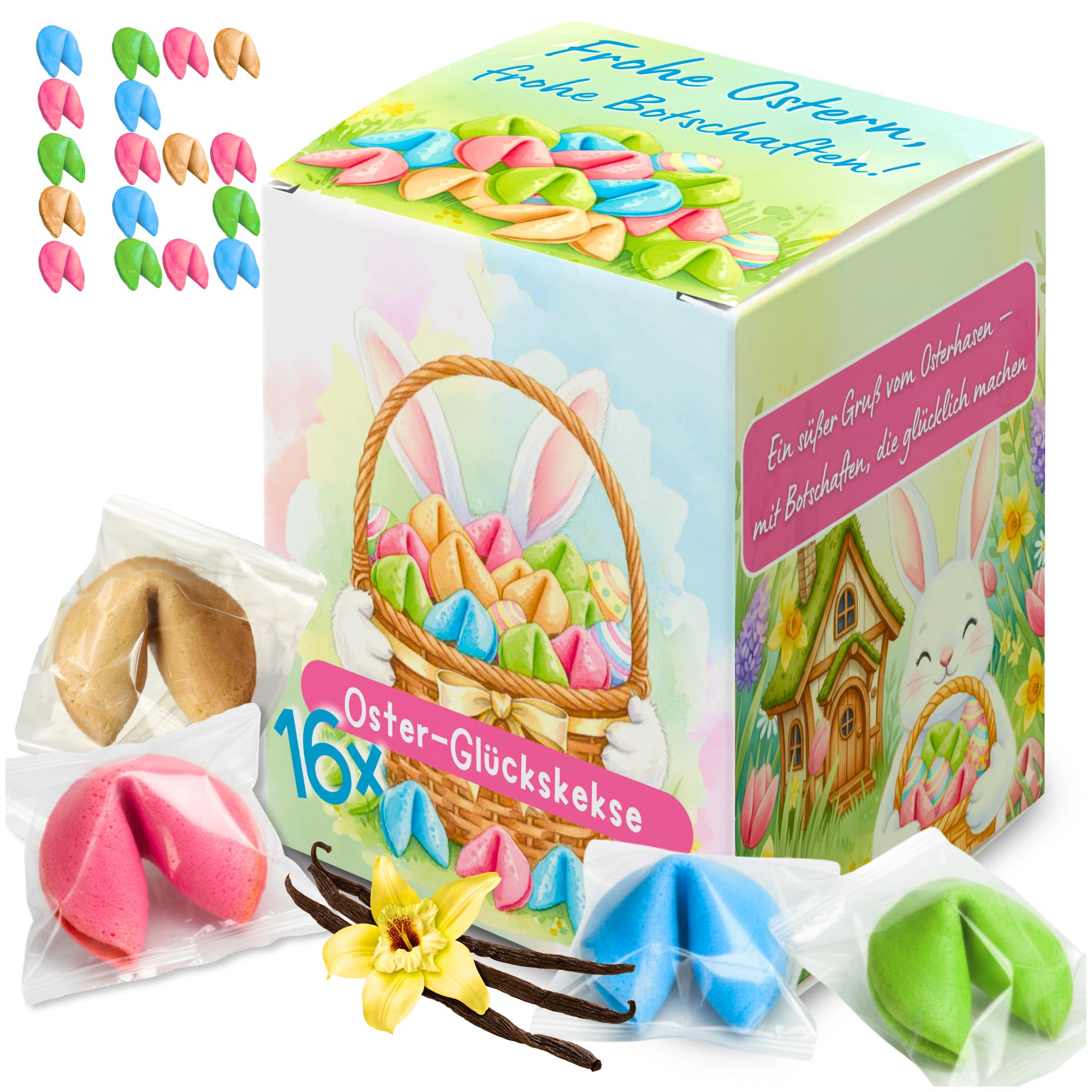 Oster Glückskekse – 16 bunte Glückskekse mit positiven Botschaften DE & EN, einzeln verpackt, Vanillearoma, Geschenk zu Ostern für Kinder & Erwachsene, Tischdeko, Schule & Events