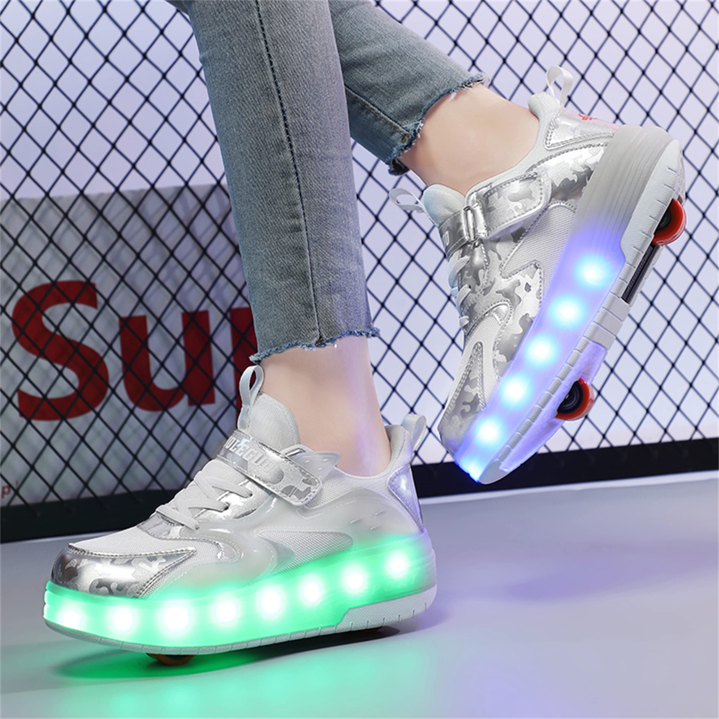 Zapatillas con Ruedas para niñas y niños, Zapatillas de Skateboard con Dos Ruedas y Luces LED, luz Ajustable con Cambio de Color, Carga USB, universales para Chicos y Chicas