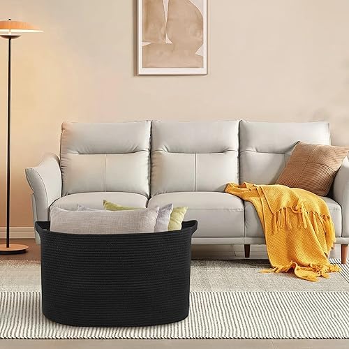Miniatura 4 de Extra Large Rectangle Storage Basket, 23.6" x 17" x 12" Black Blanket Basket Storage for Living Room, Large Soft Woven Cotton Rope Basket, Kids Toy