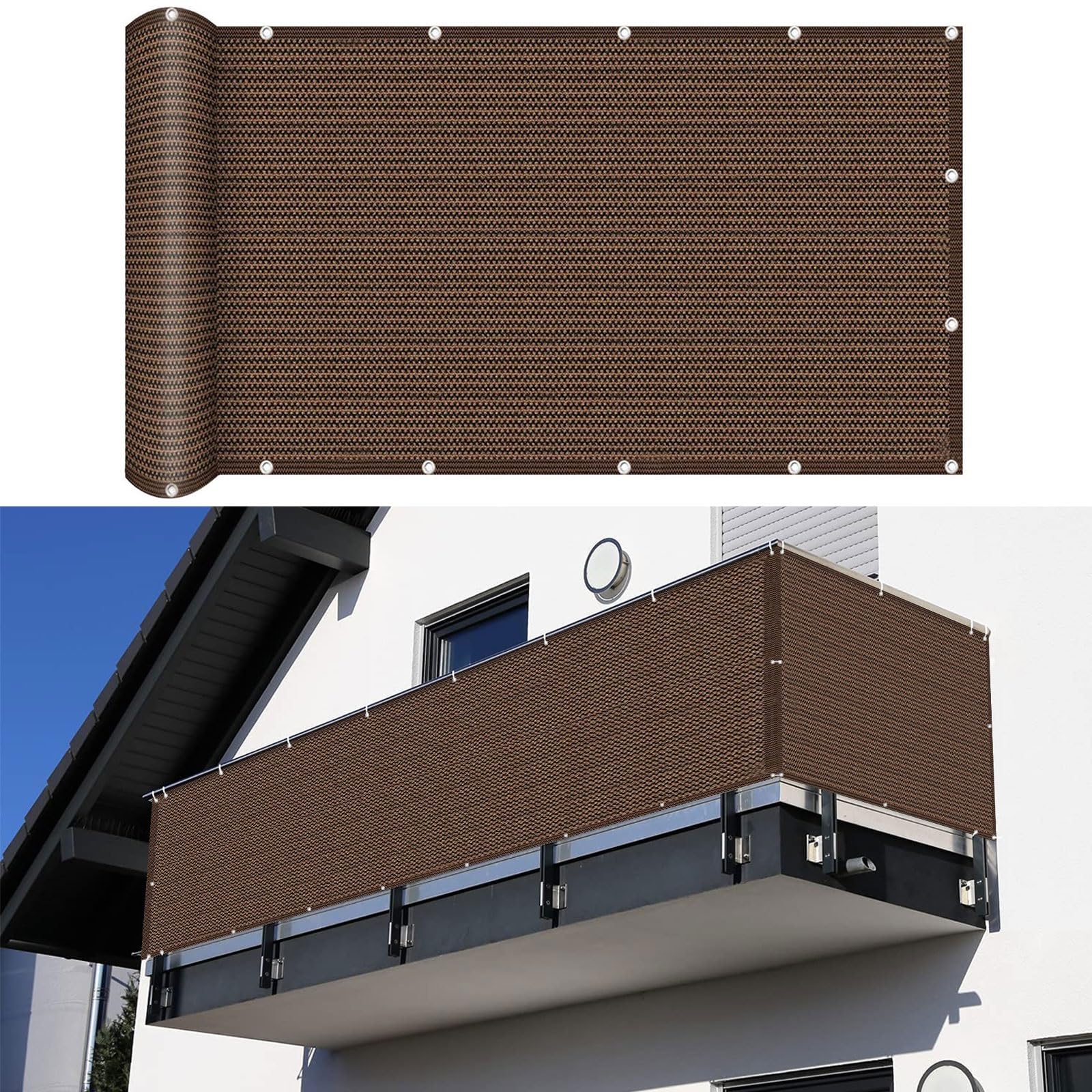 Ekran prywatności balkonu 140 x 350 cm Sun Wind Protection Parawan Balkonowy Parawan Wiatrowy z oczkami liny do ogrodu na zewnątrz balkonu, brązowy