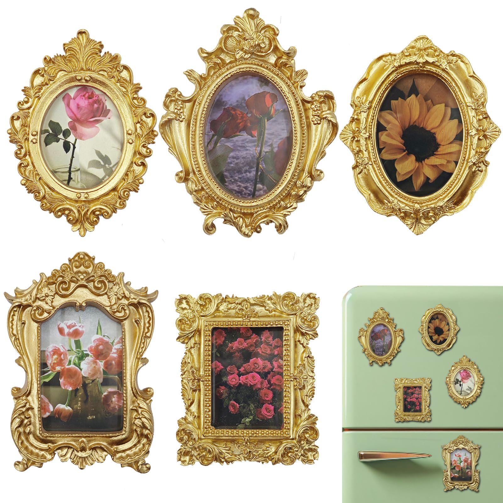 Cuxawamiyo Mini Picture Frame Vintage Gold Magnet Set with 5 Frames Baroque Style Small Picture Frames for Fridge Office Wall Decor