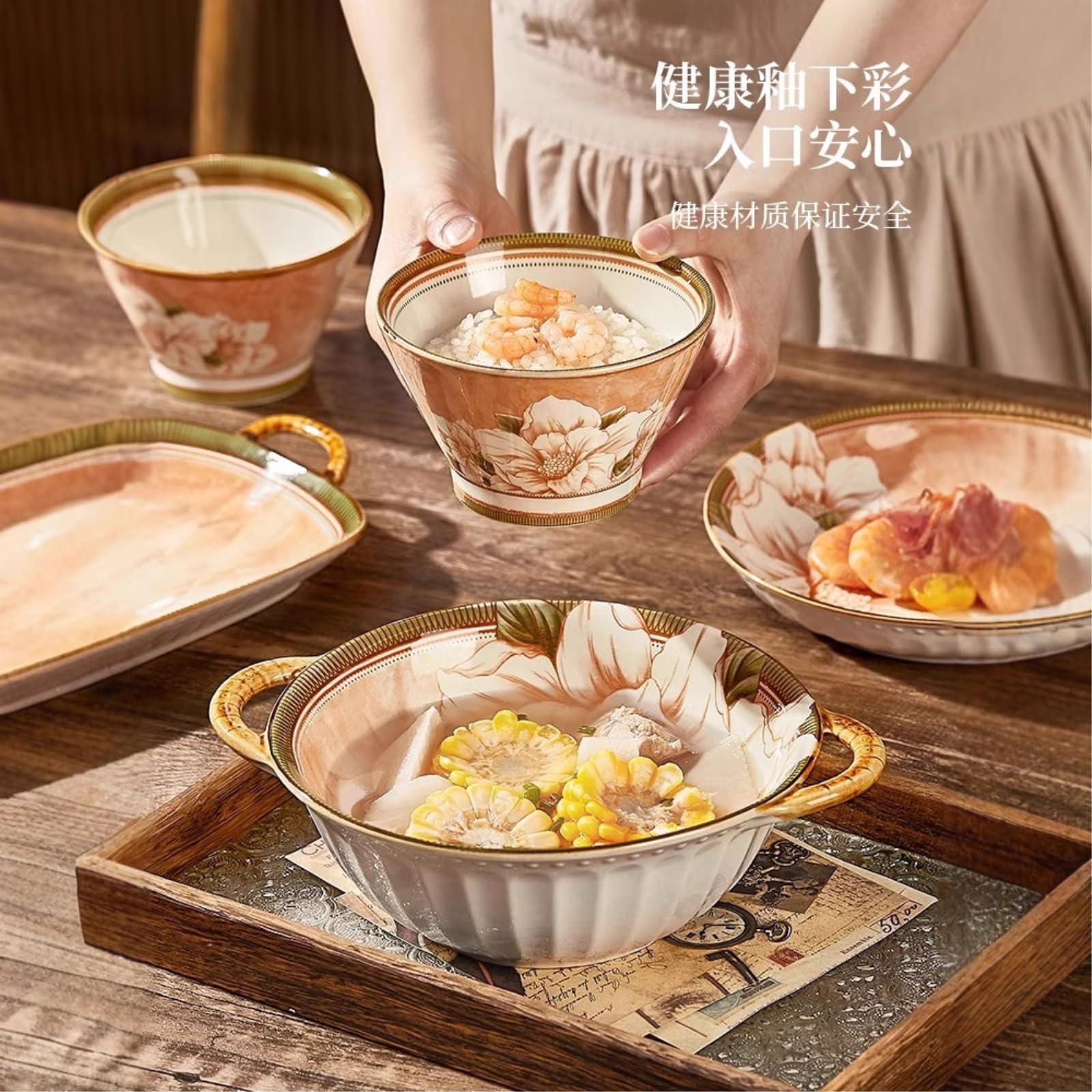 Service de vaisselle japonais camélia en céramique sous glaçure - Bol rayé camélia de 22,9 cm