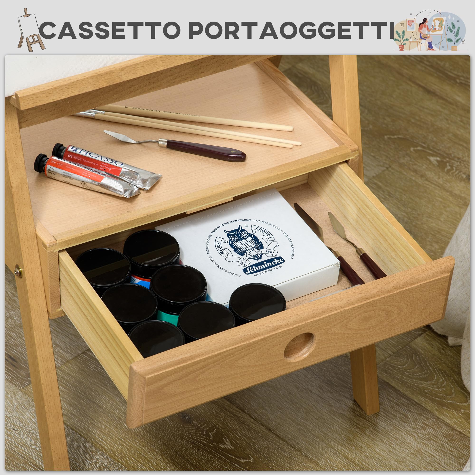 Vinsetto Cavalletto da Pittore ad Altezza Regolabile con Cassetto Inferiore, Cavalletto per Dipingere in Legno di Faggio, 43.5x43x150-190 cm, Color Legno