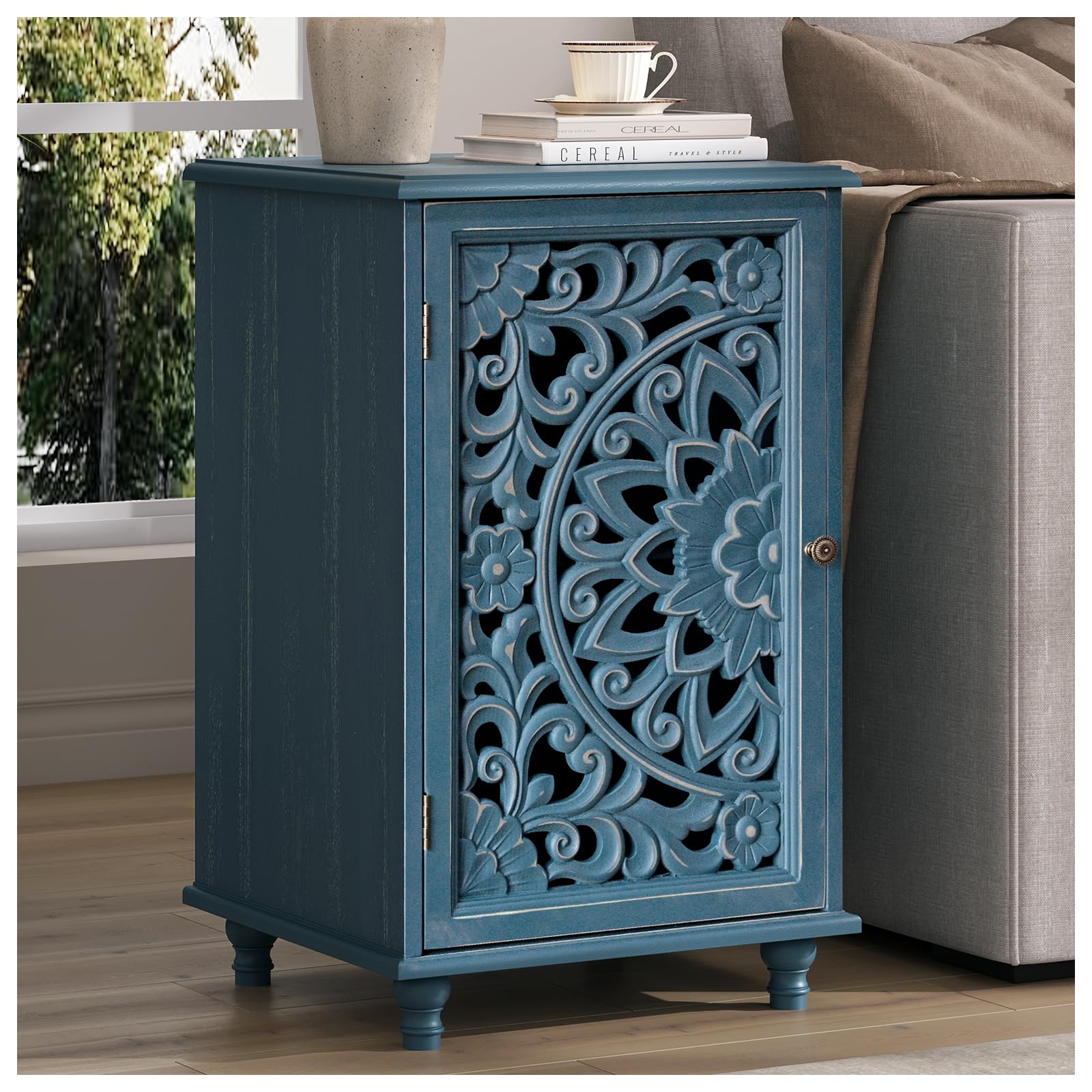 Small Accent Cabinet with Door, Storage Cabinet with Adjustable Shelf, Distressed End Table with Solid Wood Legs, Sofa Side Table for Kitchen, Dining Room, Bedroom, Blue