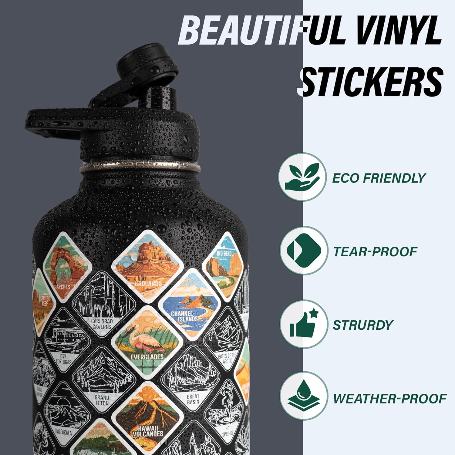 National Parks Water Bottle – 64 oz Insulated Stainless Steel Bottle with 63 Hand-Drawn Park Stickers, Carrier Bag, Strap & Gift Box – BPA-Free – Ideal for Hiking, Camping & Travel - Image 4