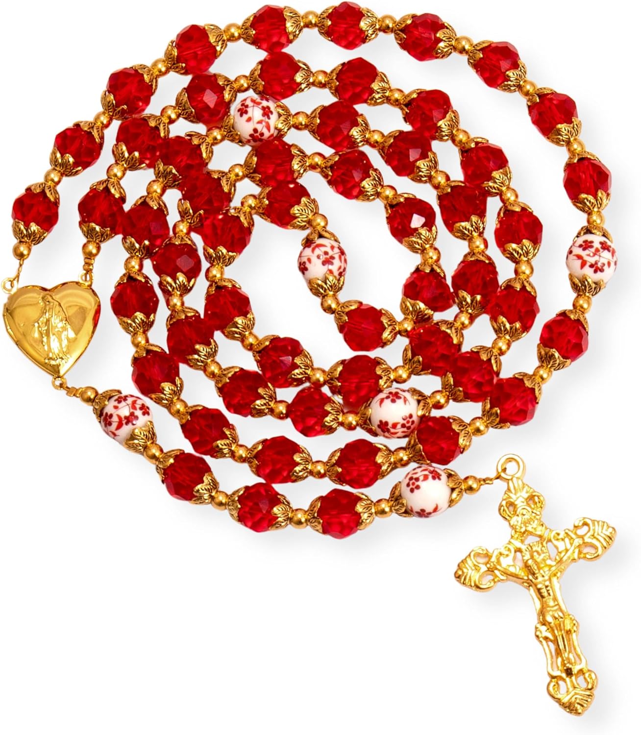 Nazareth Store Catholic Blue Crystal Beads Gold Rosary Flowers Beaded Necklace Miraculous Heart Locket Medal & Cross Religious Women Men Amulet