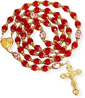 Nazareth Store Catholic Blue Crystal Beads Gold Rosary Flowers Beaded Necklace Miraculous Heart Locket Medal & Cross Religious Women Men Amulet