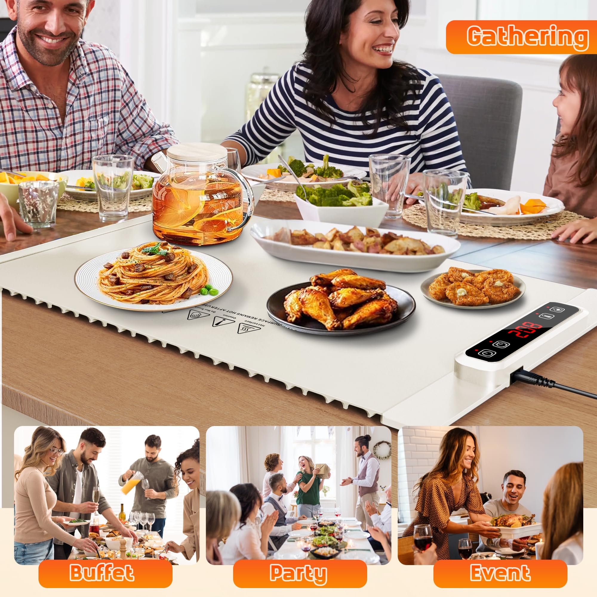 Warmhalteplatte für Essen, Schnellheiztablett, Tragbare Lebensmittelheizung, Mit Kinderschloss und Automatischem Abschalten, 5 Einstellbarer Temperatur Food Warmer für Backen Reisen Buffet Partys